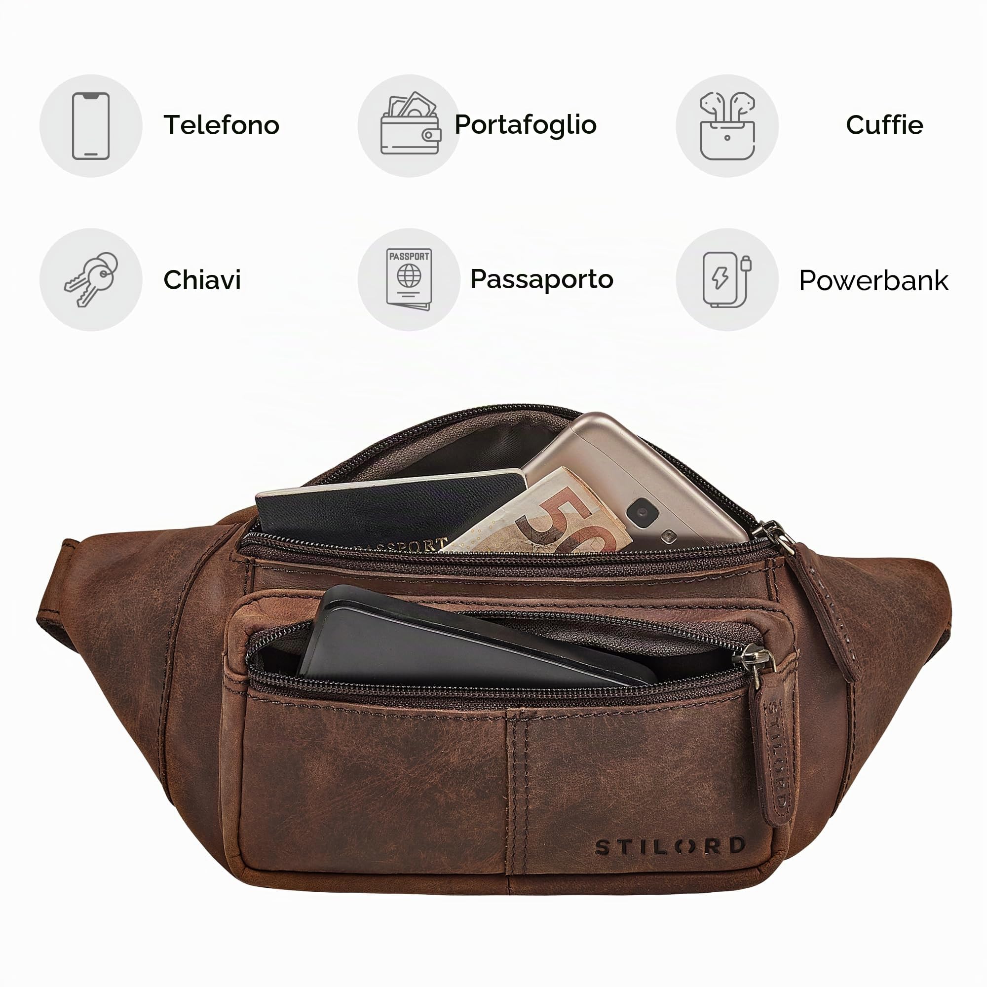 STILORD 'Devon' Marsupio in Pelle Marrone Uomo Vintage - Borsello da Cintura Pelle Vera con Molte Tasche - Zaino da Petto Antifurto - Marsupi per Viaggi e Festival