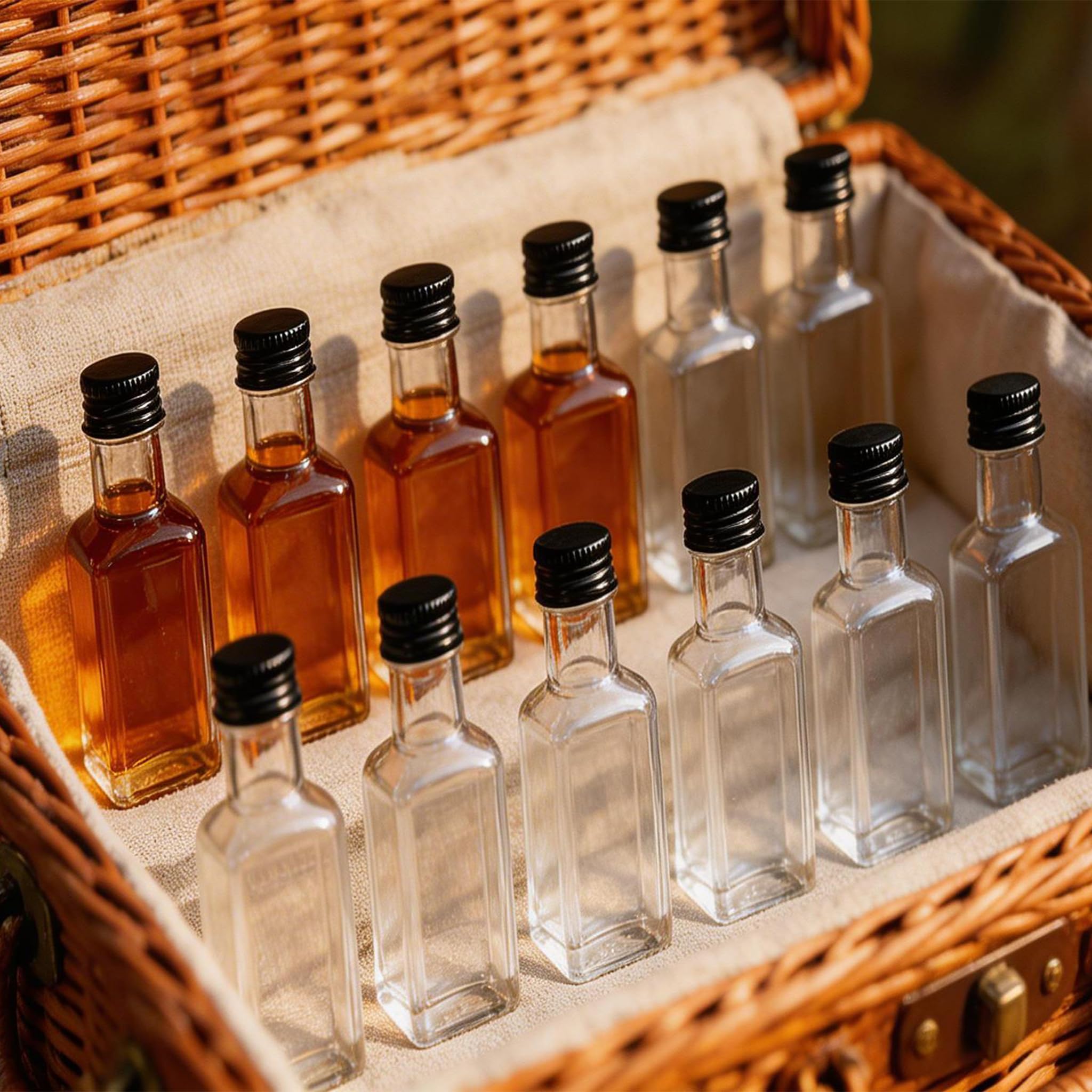 12 Pezzi Piccole Bottiglie da 50ml per riempire, Mini Bottiglie di Liquore con Coperchio e Imbuto Neri, Bottiglie Riutilizzabili per Festa di Nozze (Quadrata)
