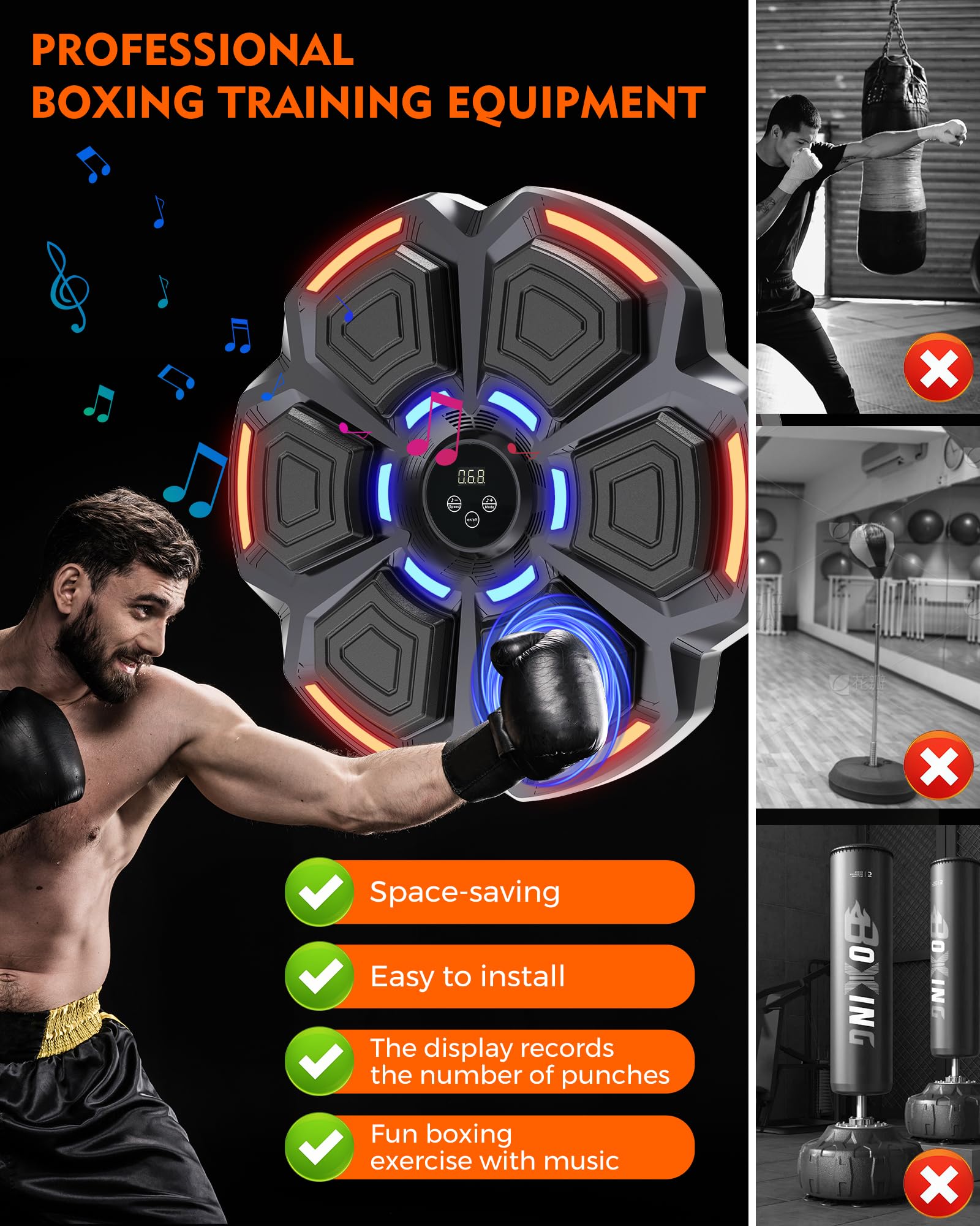 snawowo Music Boxing Machine Adultos - 9 Modos de Velocidad Boxe con Music Pared con Guantes De Boxeo - Máquina de Boxeo con Bluetooth y Recuento Inteligente y Luces al Ritmo de la Música