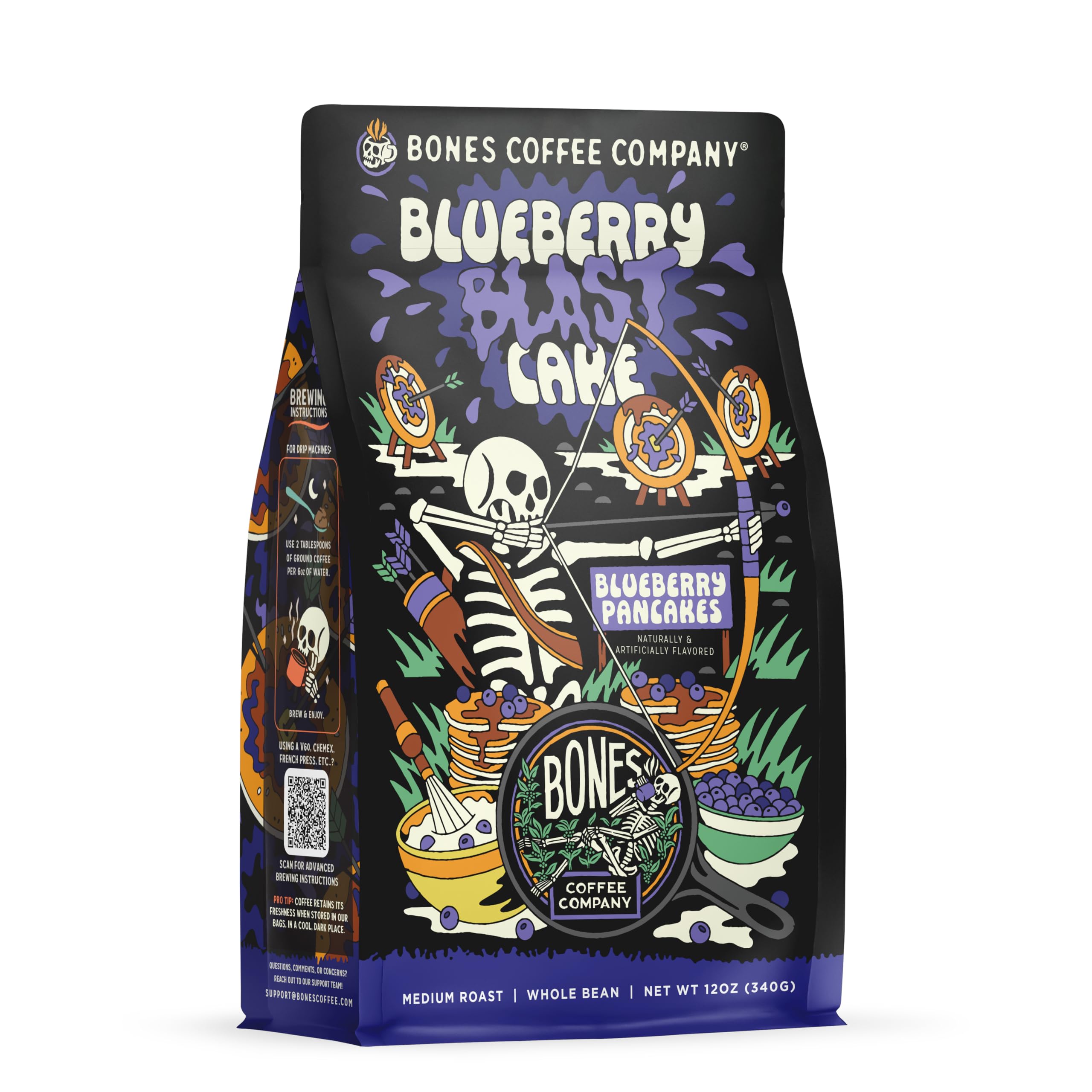 Bones Coffee Company Blueberry Blast Cake, Blueberry Pancakes Flavored Coffee, Medium Roast Low Acid Arabica Beans Compatible with Auto drip and French Press Coffee Maker, 12 Oz Whole Bean