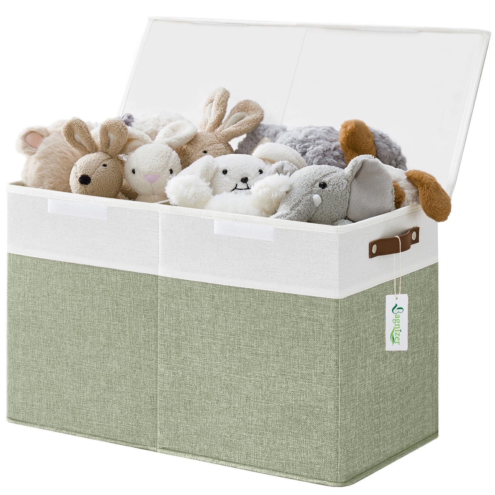 Bagnizer - Caja de juguetes grande con tapas, plegable, resistente, organizador para bebés, cesta para el pecho, para niños, niñas, sala de juegos, guardería, dormitorio, armario, 25 x 13 x 16 cm, verde y blanco