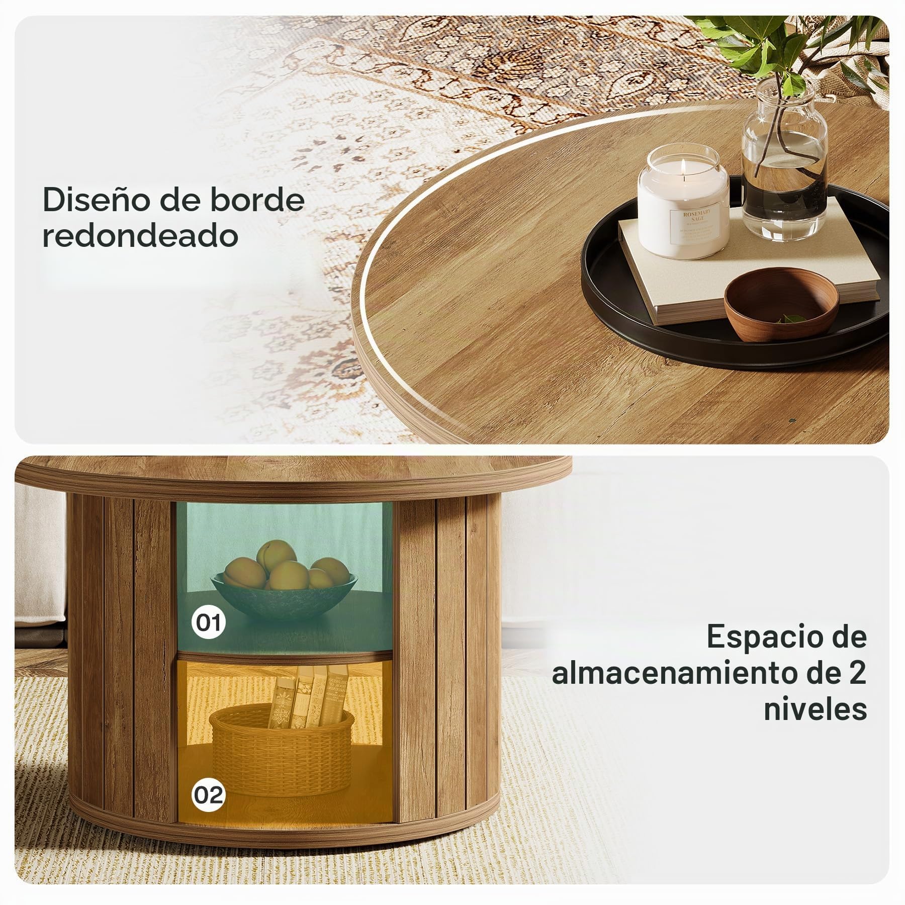 Tribesigns Mesa de Centro Redonda de 2 Niveles, 80×80×50cm, Mesa de Café Industrial para Sala de Estar, Oficina, Marrón Rústico