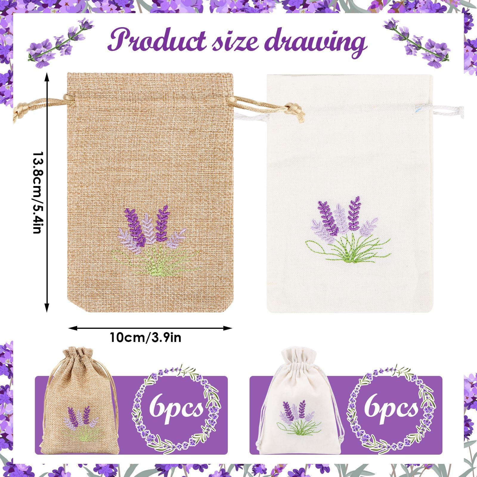 Lot de 12 sachets de lavande vides à remplir avec cordon de serrage - Petits sachets en coton et lin pour lavande, épices, herbes, bijoux, bonbons