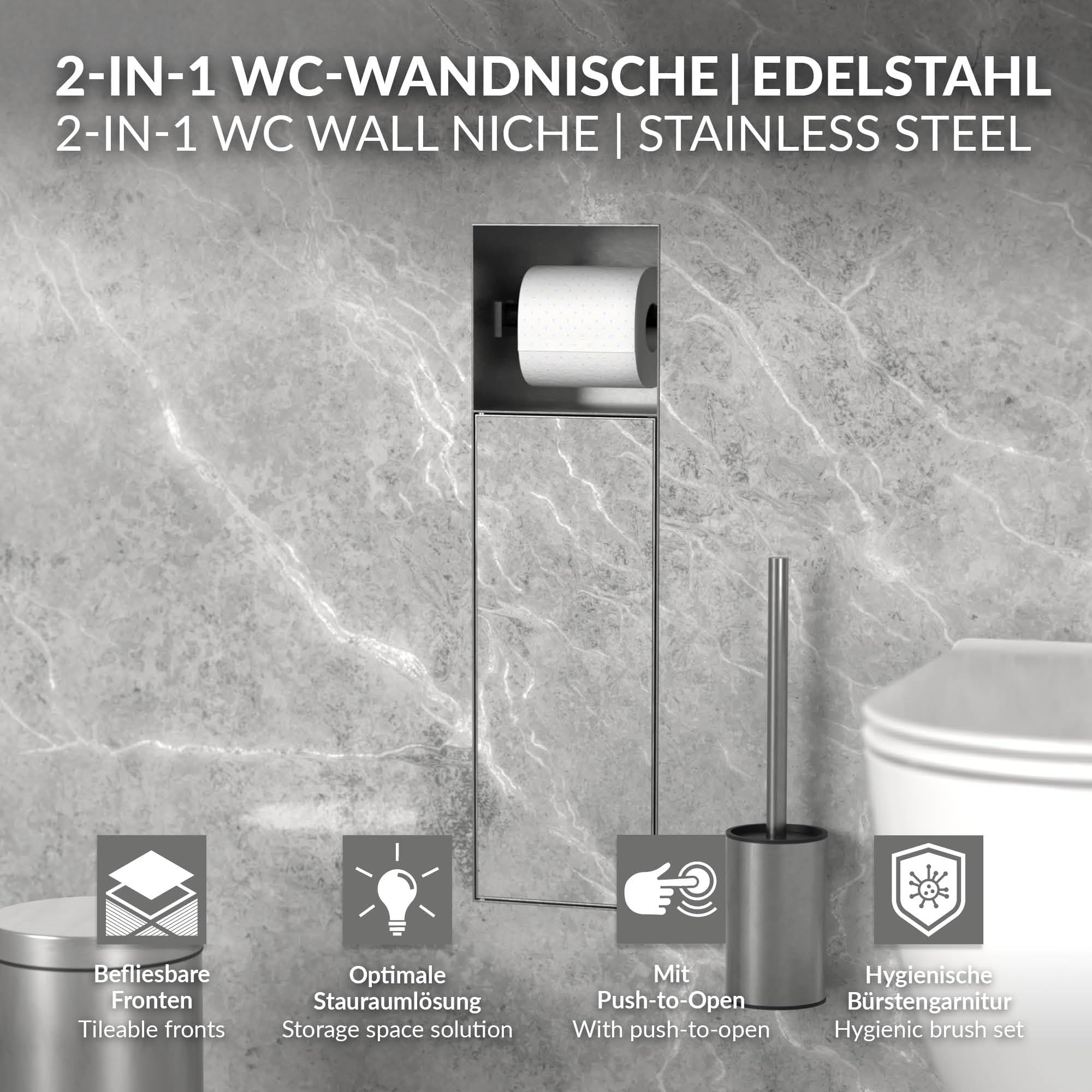 LuxeBath Niche Module Encastré, 60 x 20 x 14 cm, en Acier Argenté, Espace de Rangement à Papier Hygiénique et Porte-Brosses Salle de Bain, avec Support de Rouleau Ouvert, Armoire Murale à Carreler WC