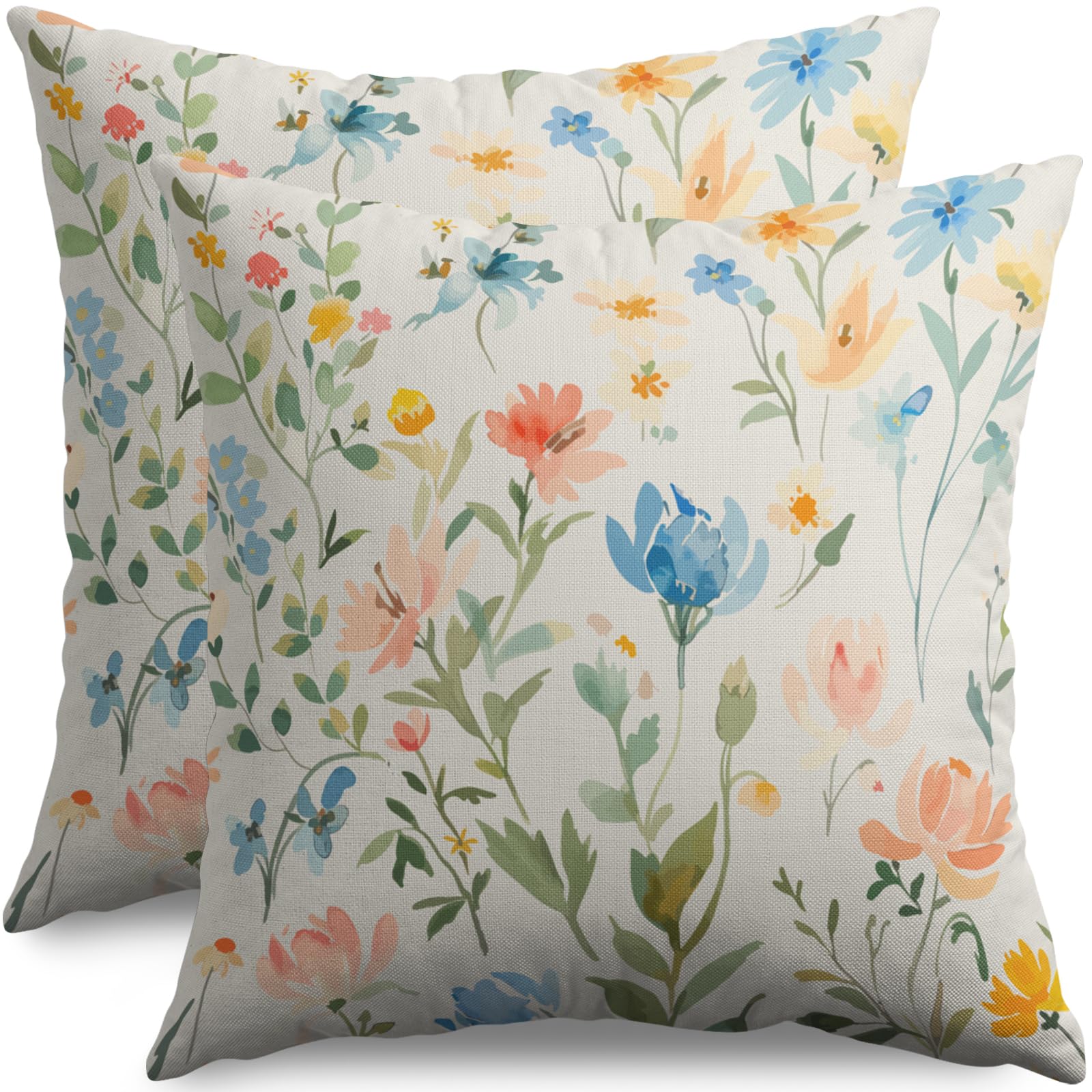 Spring Floral Throw Pillow Covers 18x18 Inch Set of 2, Watercolor Blue Pink Yellow Green Flower Decorative Throw Pillowcases Outdoor Farmhouse Cushion