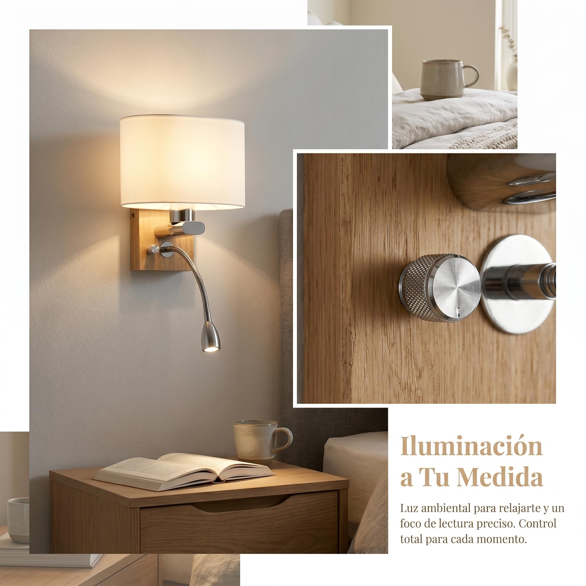 Barcelona LED Wandleuchte „Arti“ mit LED Leselicht 3W, Flexarm, E27 Fassung, Holz & Opalglas, Warmweiß 2700K, Moderne Nordische Bettlampe für Schlafzimmer, Hotel Leseecke