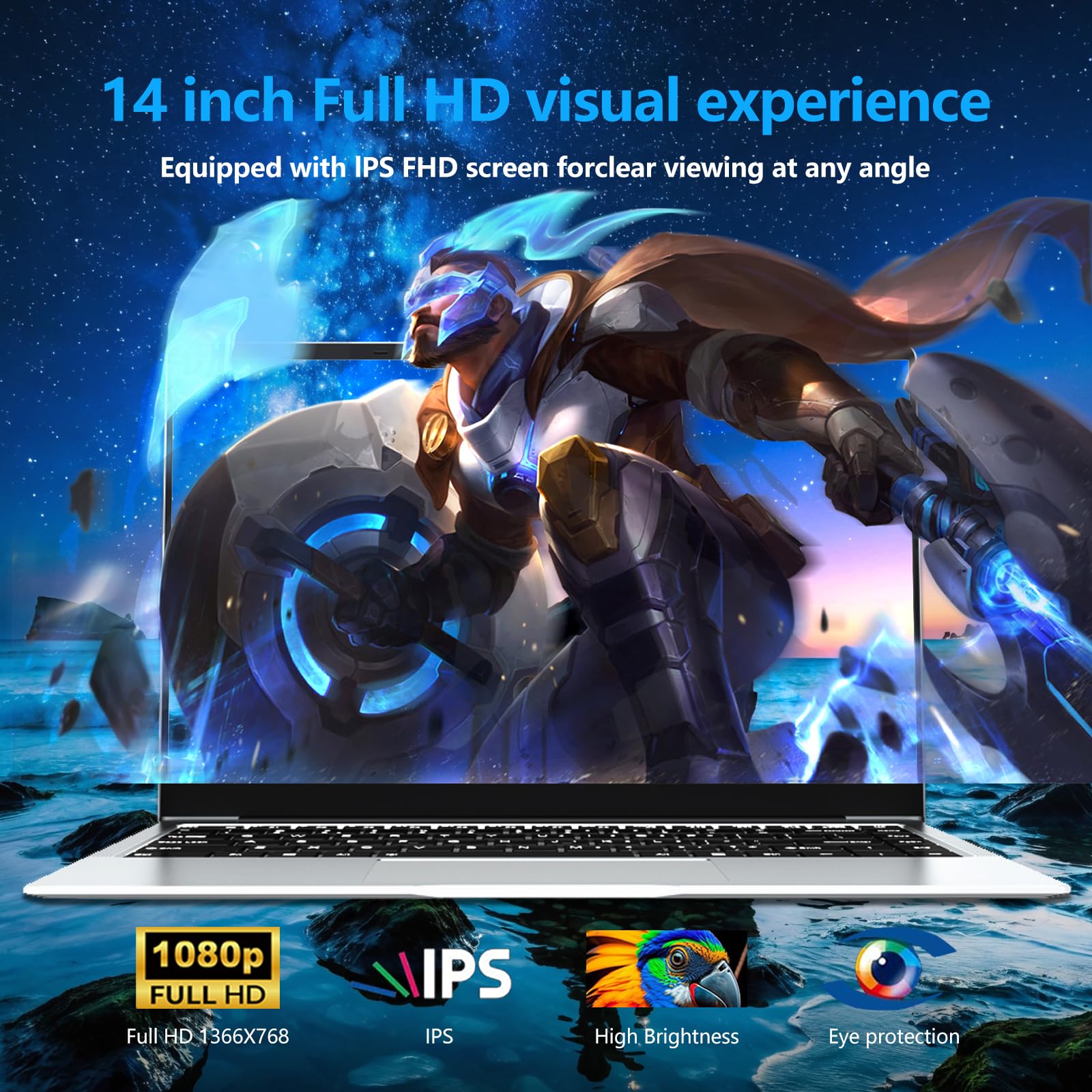 Ekonavi PC Portatile da 14,1 pollici, Notebook Celeron N4000 SSD da 256 GB RAM LPDDR4 da 6 GB, schermo FHD 180°, Laptop con mini-HDMI, 2*USB3.0 Computer PC sottile e leggero color argento