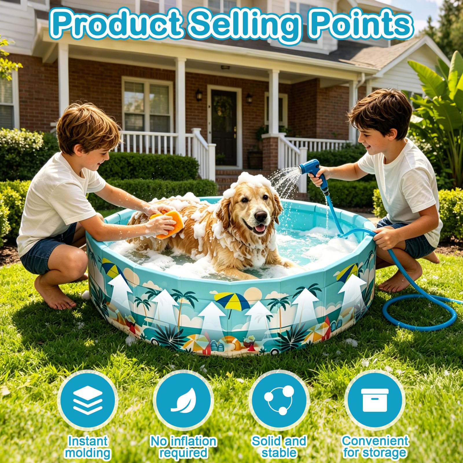 Planschbecken Groß Verdickt PVC, 90x90x45 cm,Extra Großer Outdoor-Faltbarer Pool,Hundepool, Rutschfester Boden, Kein Aufpumpen Erforderlich, Schnelle Entwässerung