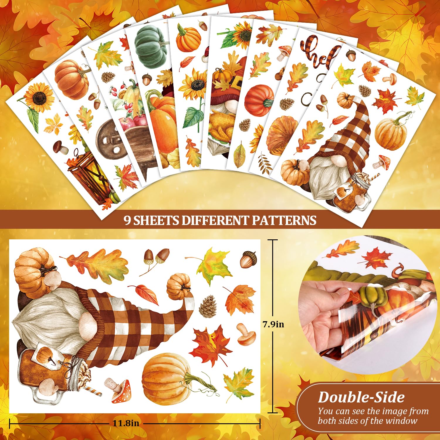 Quera 9Pcs Fall Gnomes Window Decals Clings Autumn Watercolor Thanksgiving Window Stickers Fall Leaves Sunflowers Pumpkin PVC Window Decorations for Fall Harvest Party Supplies Home Office Window Glass Mirror Decor 7.9 x 11.8