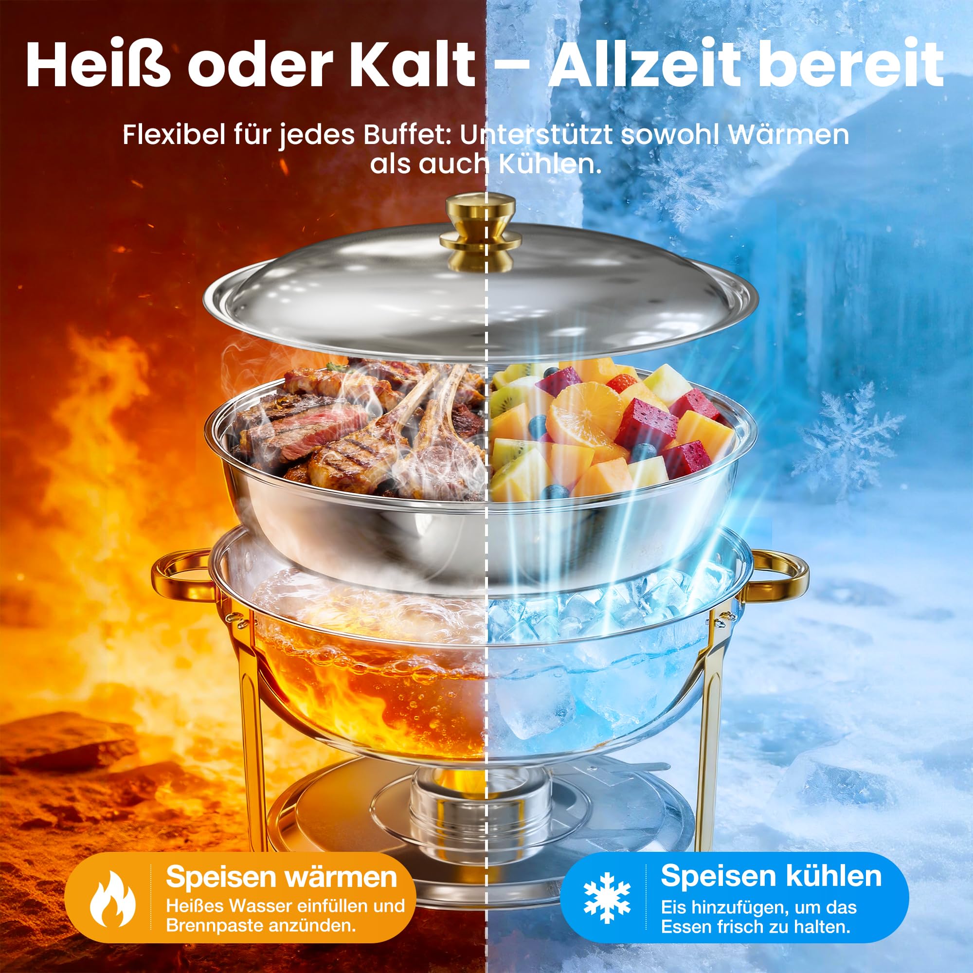 WARMOUNTS Chafing Dish 2er Set 8,5L Silber & Gold, Speisenwärmer Buffet Rund Edelstahl mit Gold-Akzenten & Deckelhalter, Warmhaltebehälter Stapelbar Catering Rechaud für Partys, Hochzeiten & Events