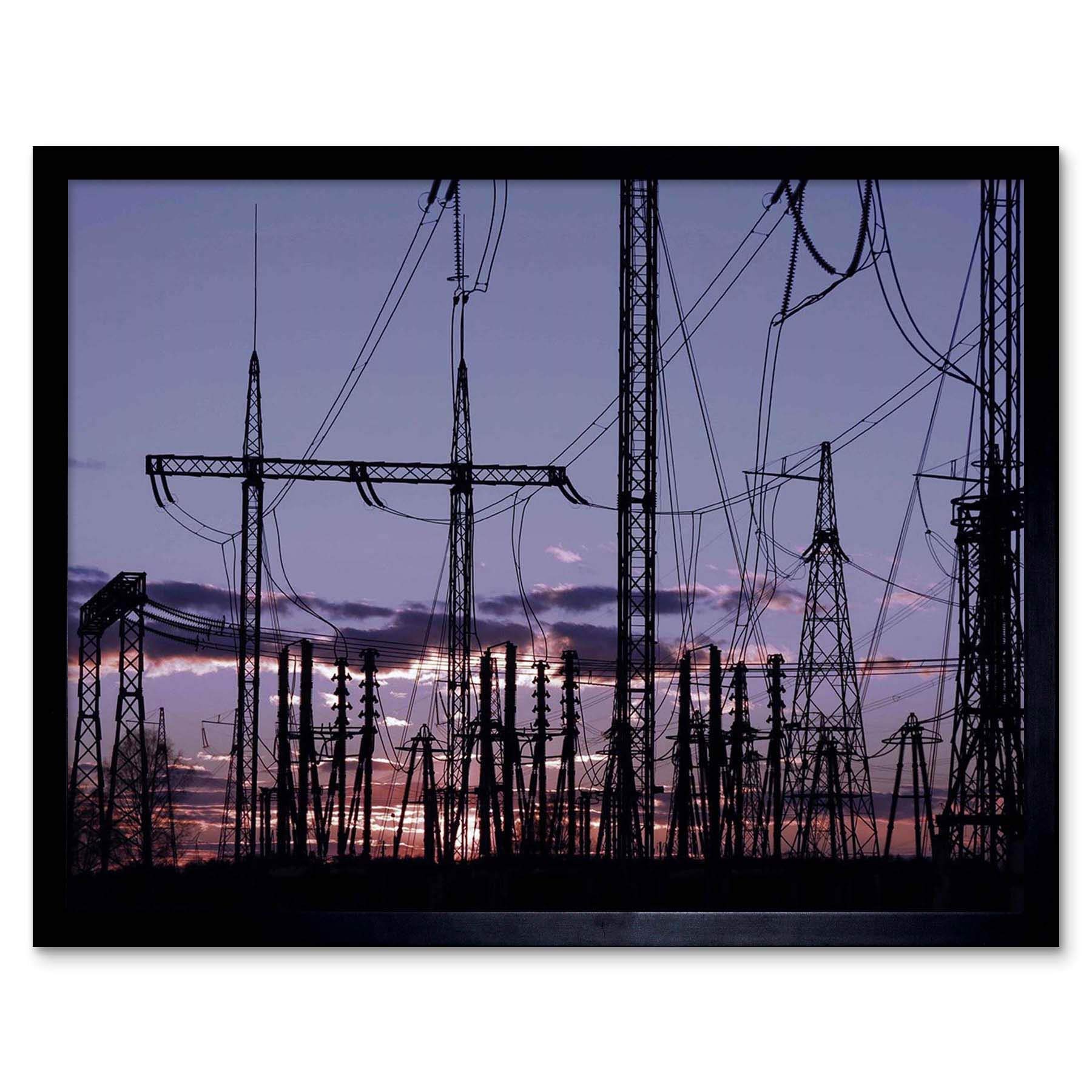 Wee Blue Coo Photo Electricity Pylons Silhouette Power Energy Sunset Art Print Framed Poster Wall Decor 12X16 Inch
