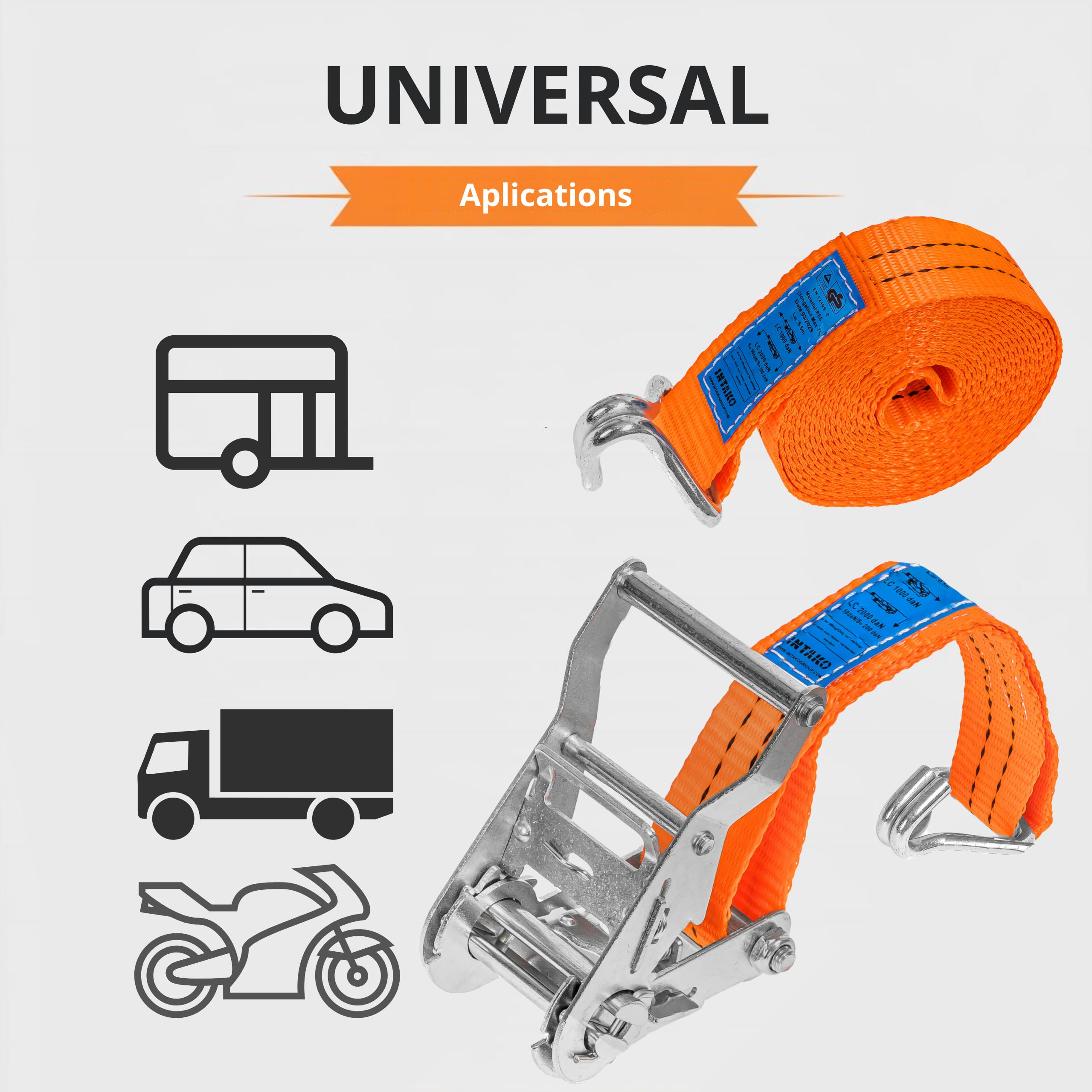 INTAKO Cinchas de Amarre con Carraca – 4m / 6m x 2000kg x 35mm – 2/10 Piezas – Eslingas con Carraca – Cinta de Amarre con Trinquete – Tensor de Cinchas para Auto y Moto (Naranja, 4m (2 Pezzi))