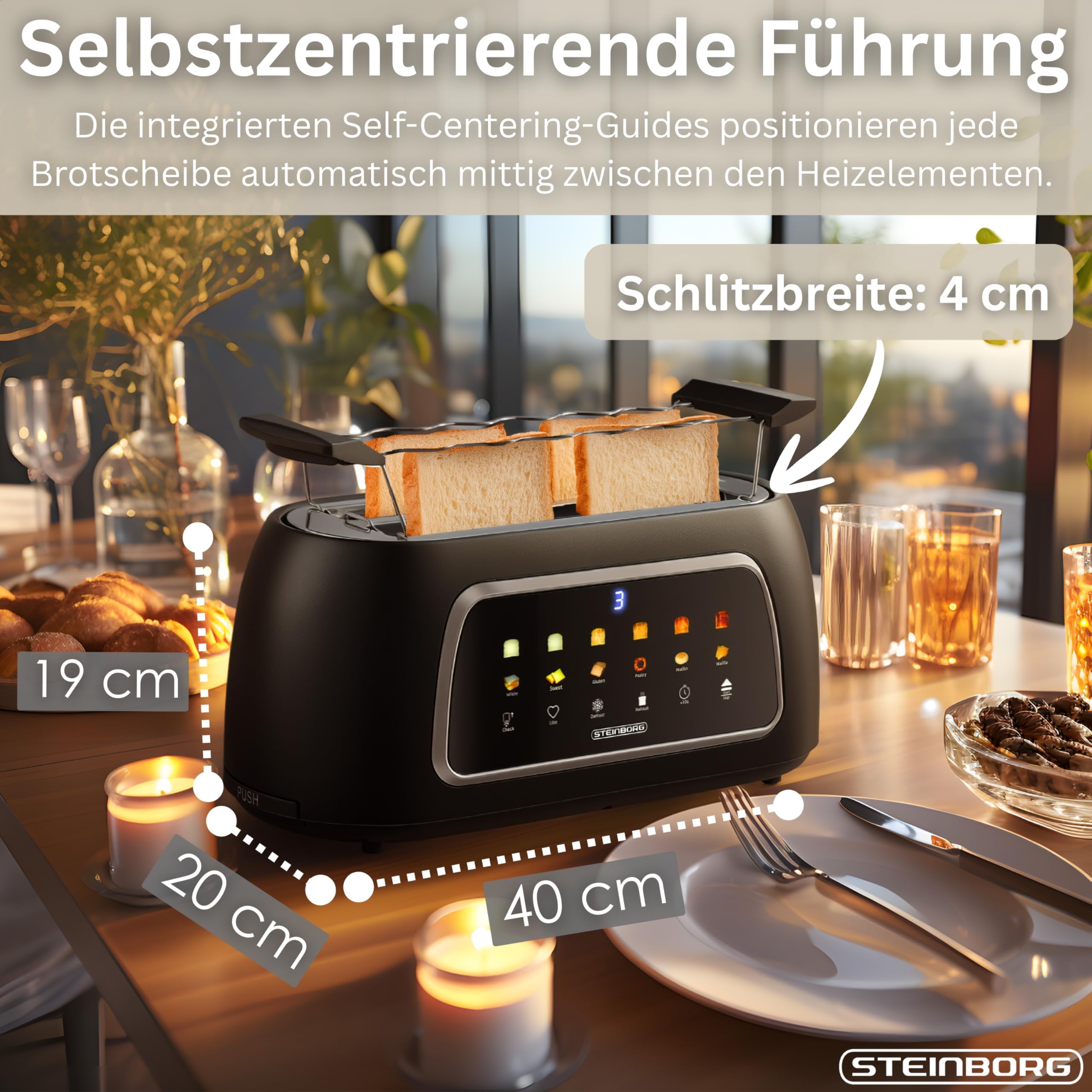 Steinborg Tostapane automatico con inserto per panino, 4 fette, funzione di sollevamento automatico senza leva, tostapane automatico, display digitale, indicatore del pane, spegnimento automatico