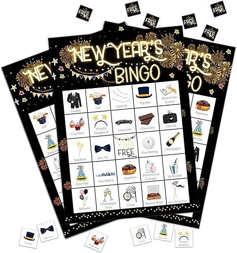 Juegos de bingo de Año Nuevo, tarjetas de bingo de Nochevieja, Juegos de fiesta de Año Nuevo para adultos Familia Actividad interior al aire libre -