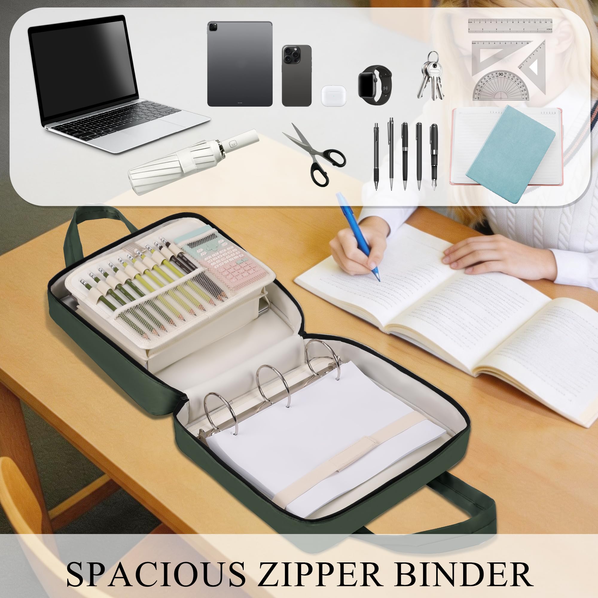 Verbessertes Reißverschlussbuch | 7,6 cm und 5,1 cm O-Ringe, 600 Blatt Kapazität, Trapperhalter mit 33 Zoll Laptophülle und Wasserflaschenhalter, Bindertasche mit mehreren Taschen und Schultergurt