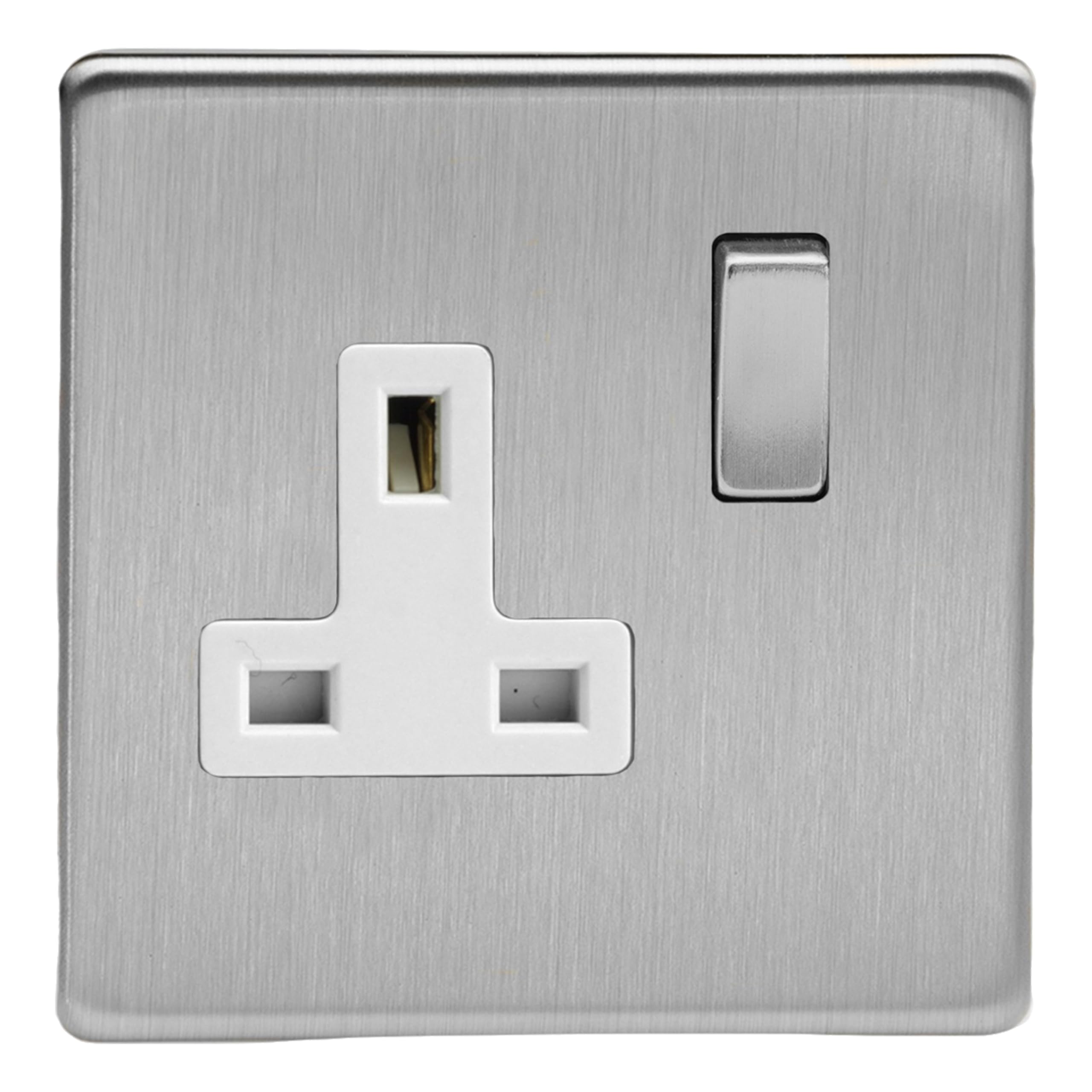 Varilight - 1 Gang 13 Amp Single Switched Socket Dimension Screwless Matt Chrome - XDS4WS, Brushed Steel, 86x86x32mm