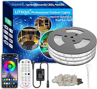 60ft LED Outdoor Led Strip Lights Waterproof,IP67 Outdoor Rope Lights,Music Sync Led Outside Lights,Smart Bluetooth APP Remote Control RGB Color Changing Exterior Décor Lighting for Roof,Garden,Pool