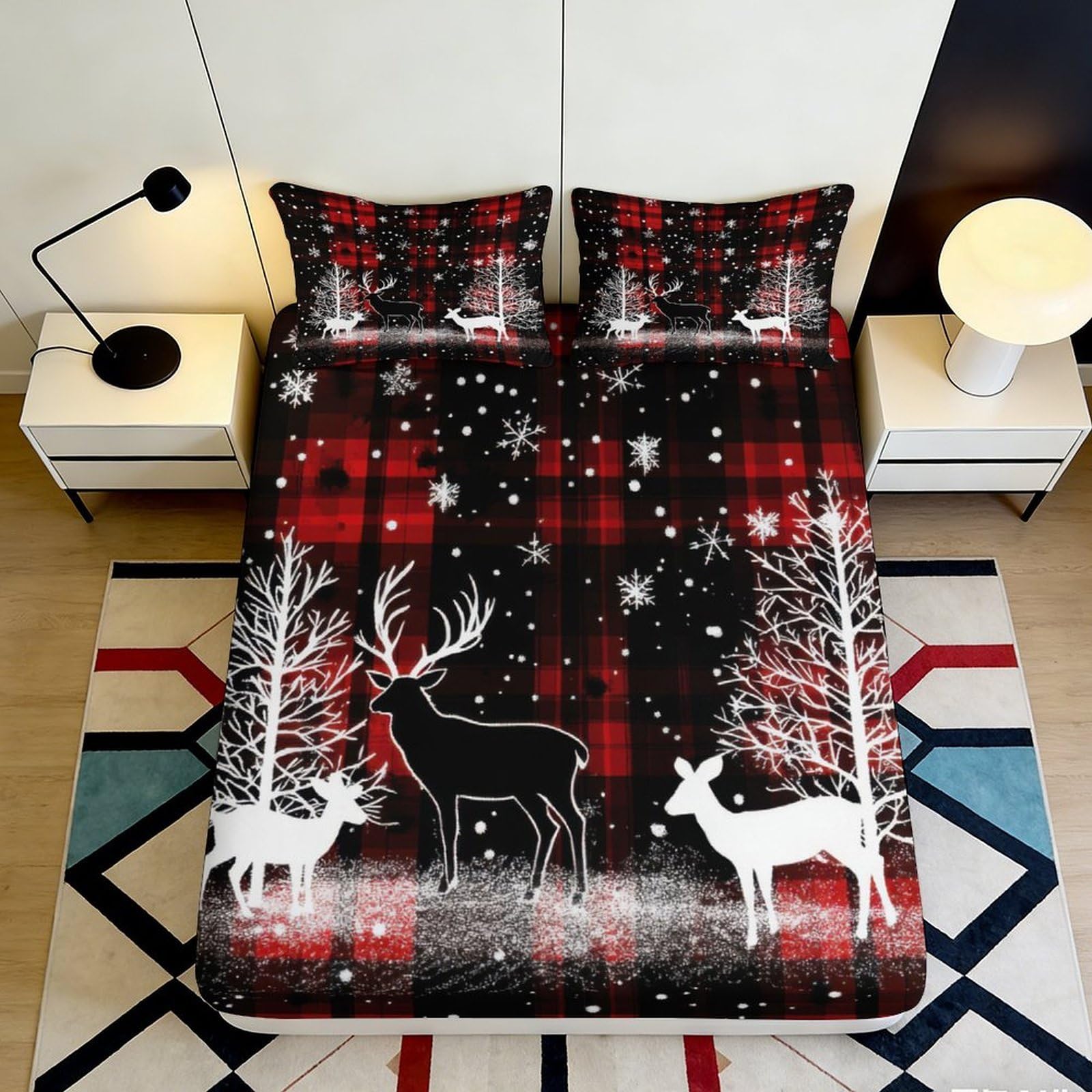 3D Printed Red Plaid Reindeer Fitted Sheet Microfiber Anti-Slip Snowflake Mattress Cover for Bedroom Dorm Easy Care 140x200x25cm