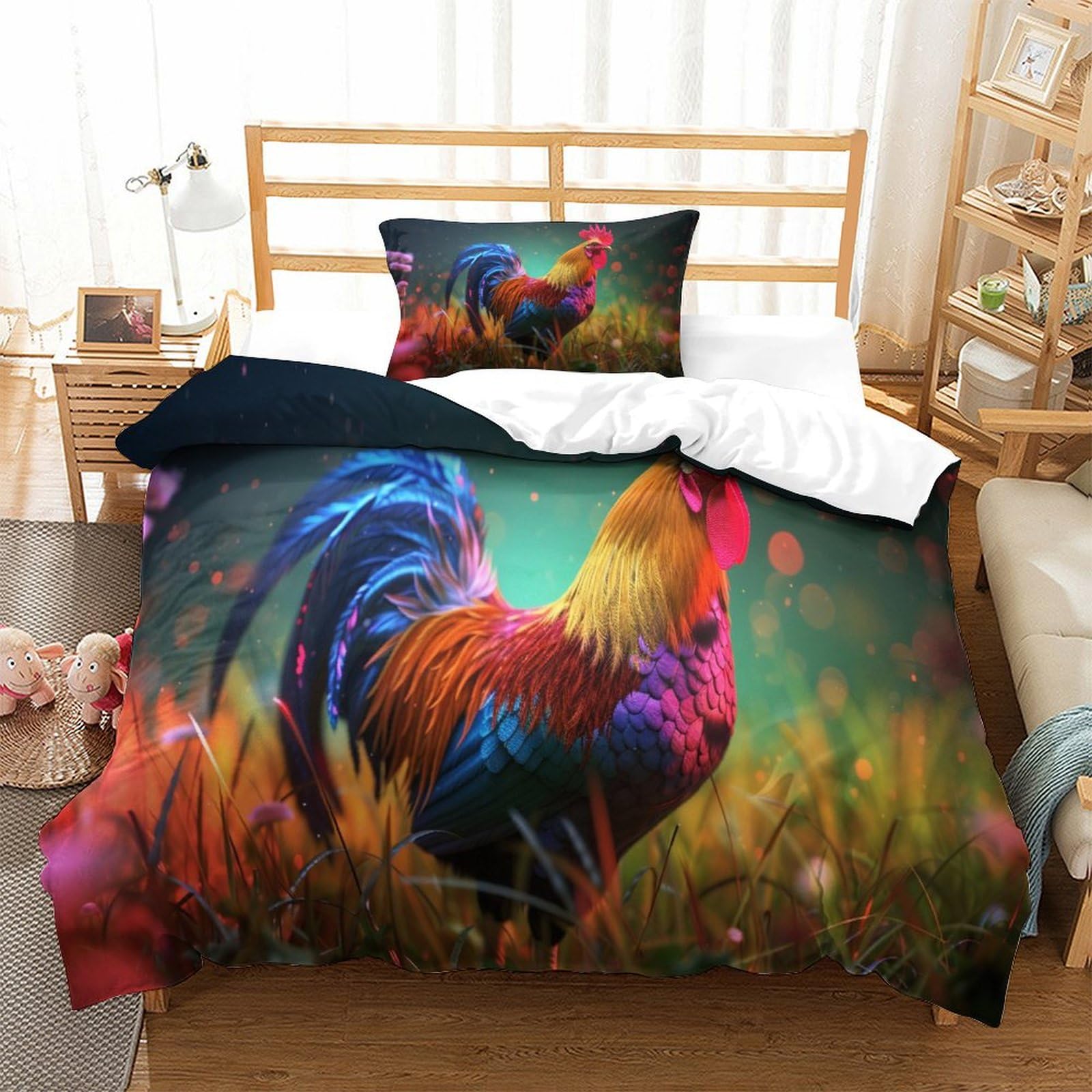 P1S9U7W5Y Vivid Rooster 3D Printed Duvet Cover Set 3pcs Microfiber Colorful Chicken Bedding Set Single（135x200cm）