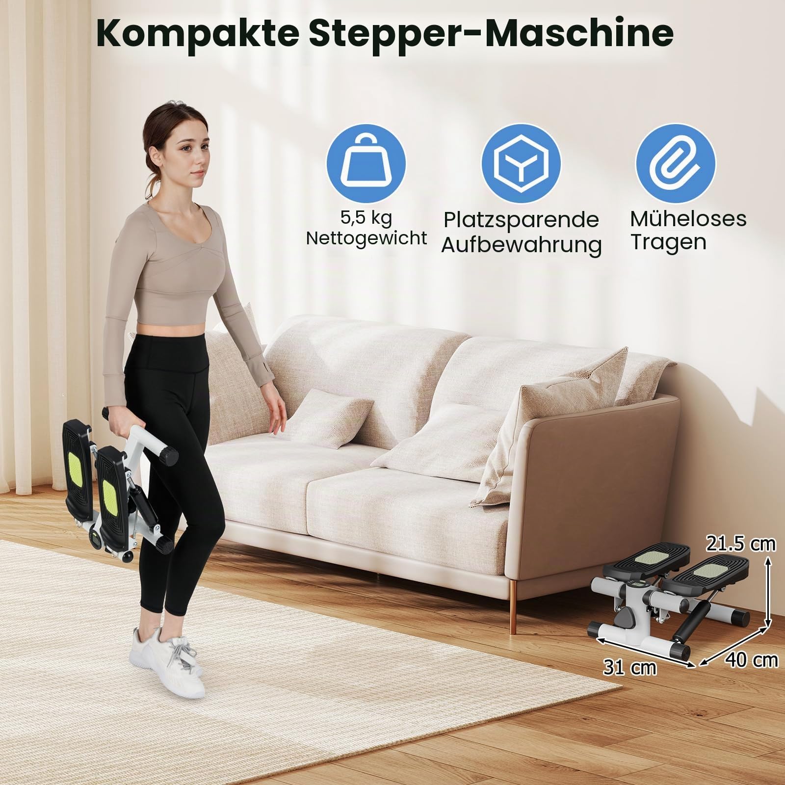 KOMFOTTEU Mini Stepper tragbar, Swing Stepper höhenverstellbar mit Widerstandsbändern, LCD-Bildschirm, rutschfeste Pedale, Fitnessgeräte bis 100 kg für Körpertraining, Übung