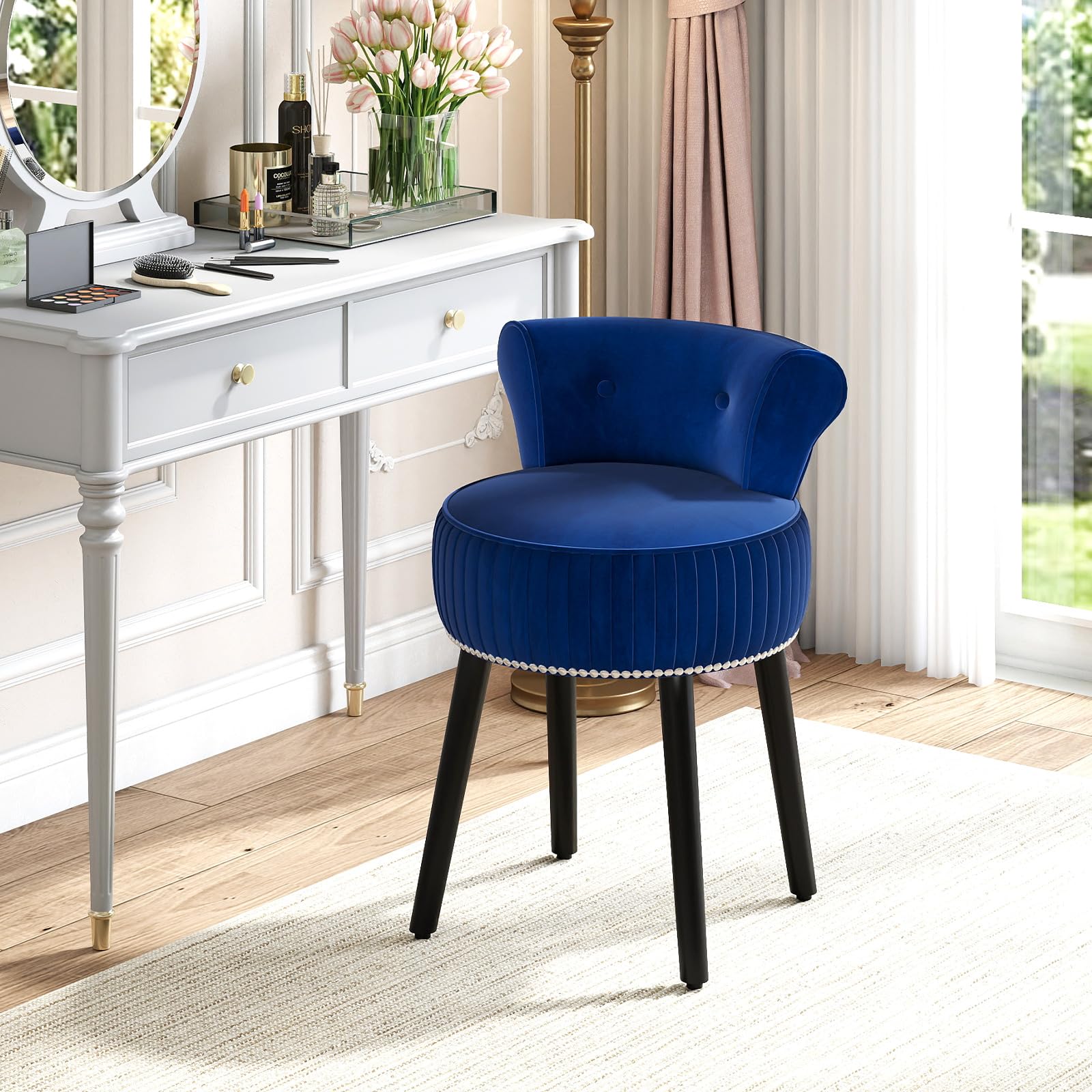 COSTWAY Chaise de Coiffeuse en Velours, Tabouret Coiffeuse avec Dossier, Pieds en Bois d'Hévéa, Patins Réglables, Tabouret de Maquillage, Dossier Bas Capitonné, pour Chambre Salon, 48x46x66 cm (Bleu)