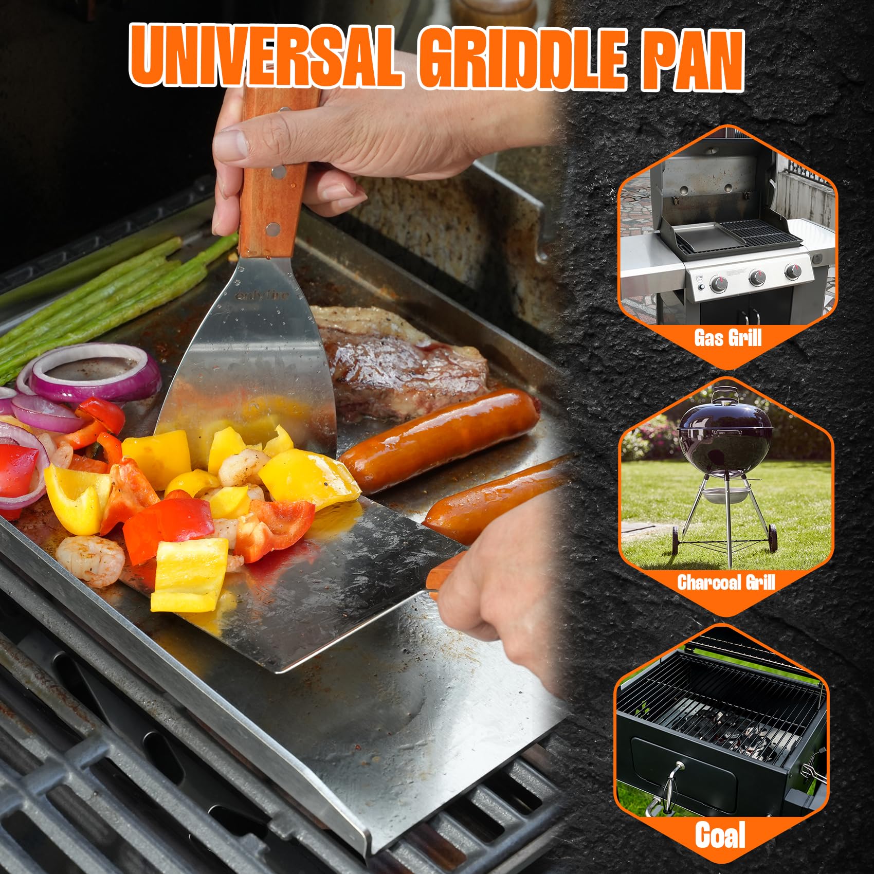 Onlyfire Plancha Barbacoa de Acero Inoxidable con 2 Espátulas BBQ para La Mayoría de Las Barbacoas de Gas y Carbón, Accesorios para Plancha, 40 ×30 × 2.5 cm | Plancha rectangular con raspador de barbacoa y espátula de parrilla para la mayoría de parrillas