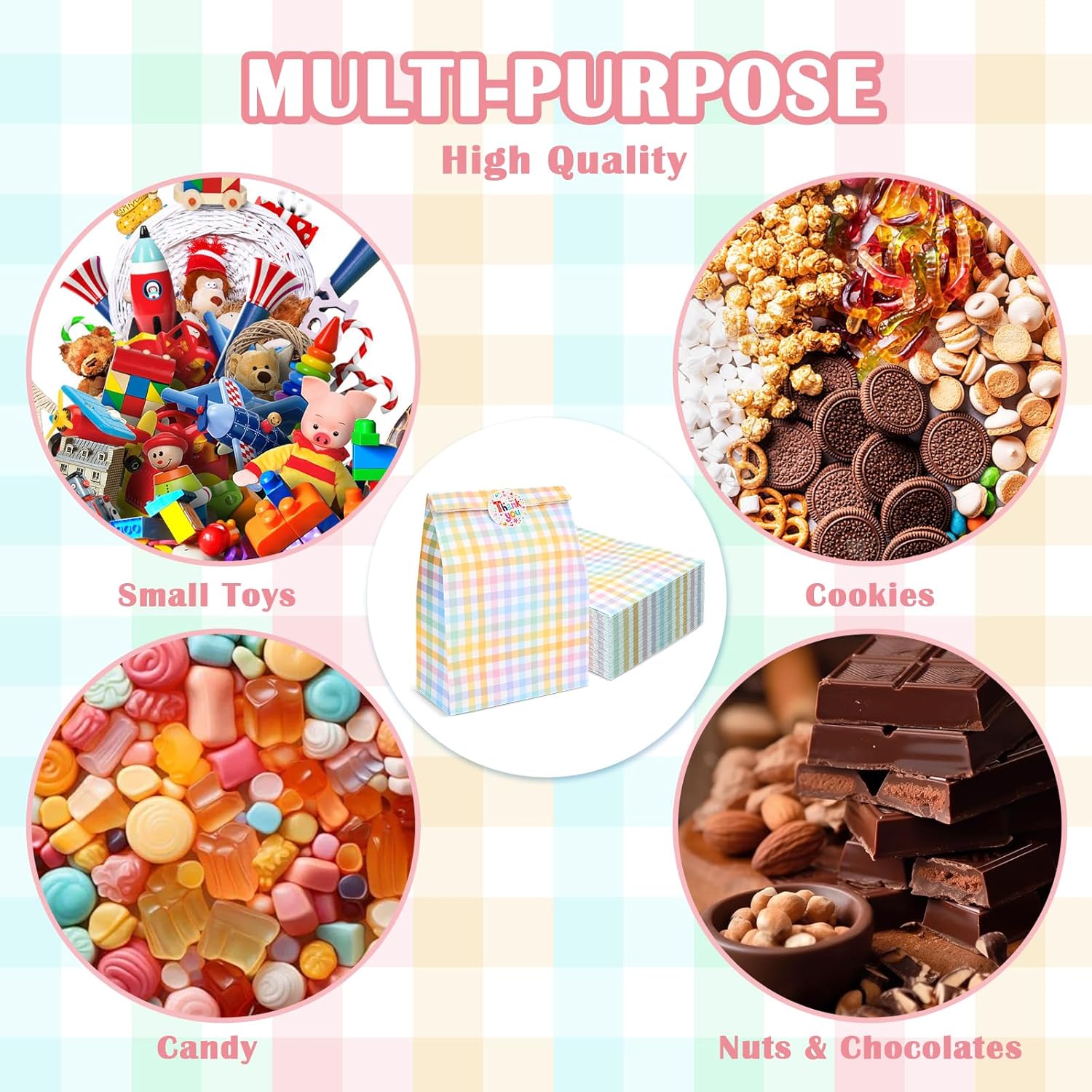 PHOGARY 50pcs Plaid Gift Bags Bulk, Colorful Pastel Checkered Party Favor Bags, Small Paper Gift Bag with Stickers, Treat Sweet Candy Goodie Bag for Birthday Party, Easter, Holiday - Image 7