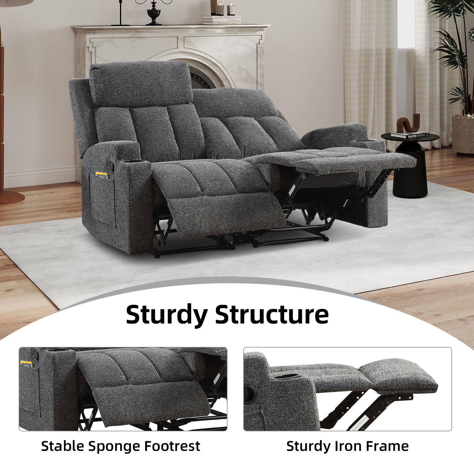 CANMOV Manual Recliner Sofa Set, Fabric Reclining Sofa Chair with Side Pockets and Cup Holders, Living Room Set Includes 3 Seat&Loveseat for Bedroom, Meeting Room, Home Theater, Dark Grey view 4