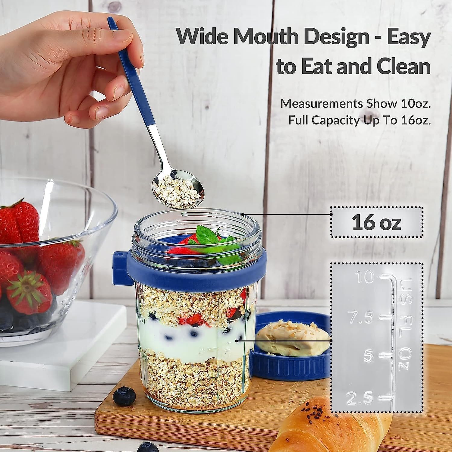 MEETOZ Set 4 Barattoli In Vetro Per Avena Notte, 400 Ml, Con Coperchi A Vite E Cucchiai, Per Yogurt, Cereali E Insalate, Colorati - 4