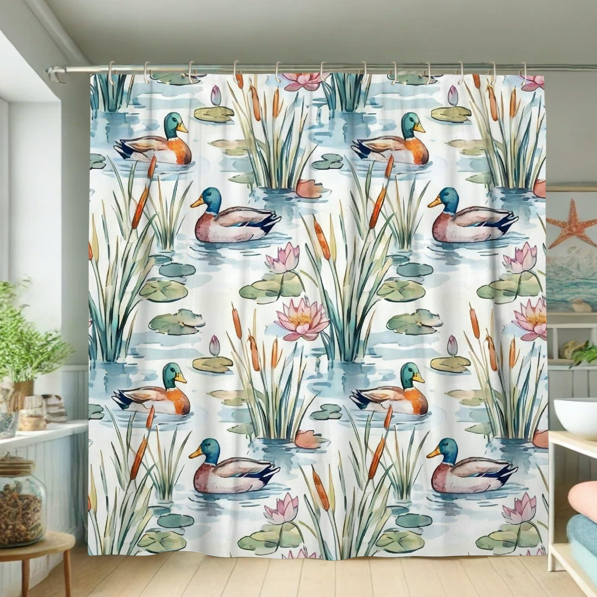 Rideau de douche imperméable motif canard aquarelle anti-éclaboussures lavable vert 183 x 183 cm