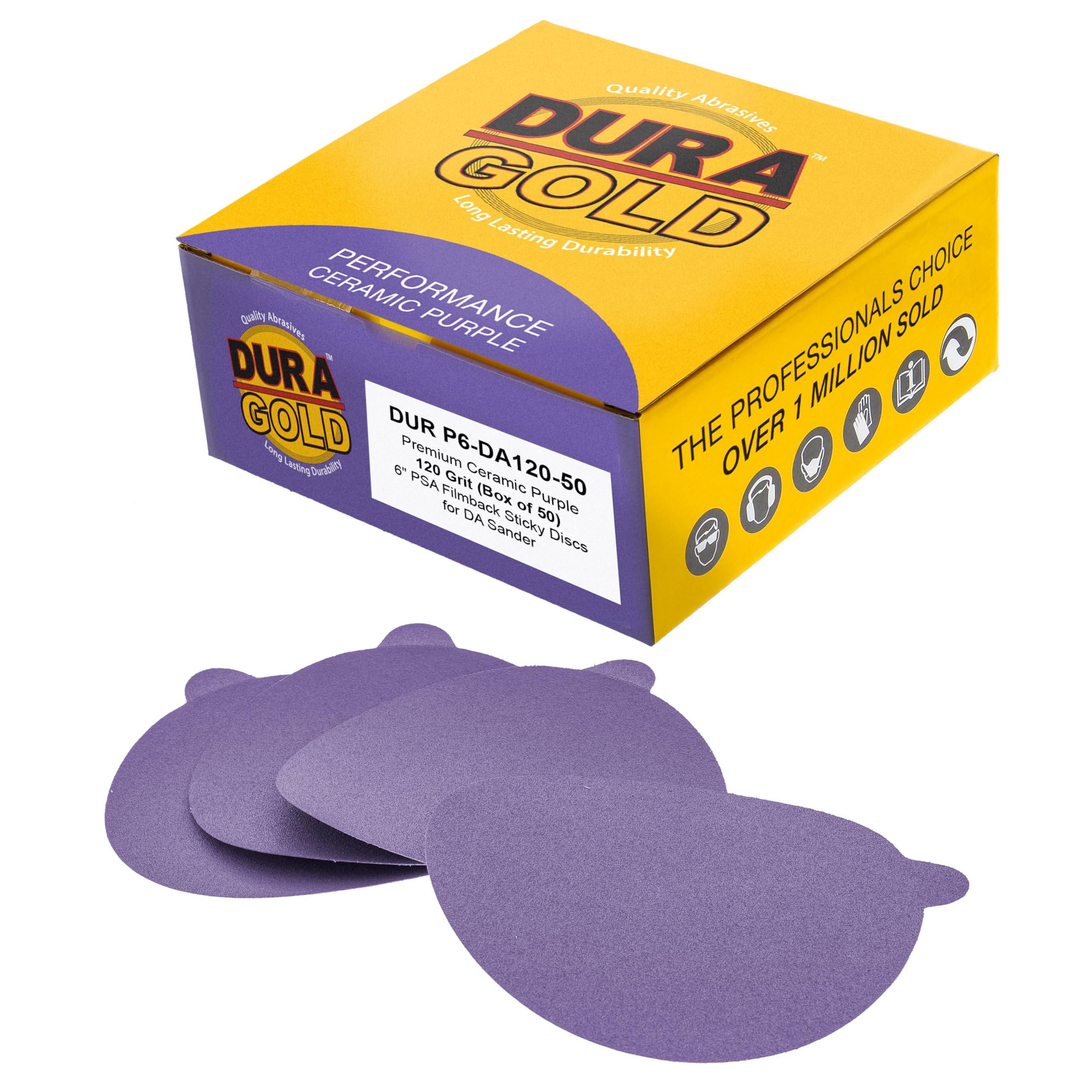 Dura-Gold Premium 120 Grit 6" PSA Purple Film Ceramic Sanding Discs, Box of 50 - Self Adhesive Stickyback Sandpaper for DA & Random Orbital Sanders -