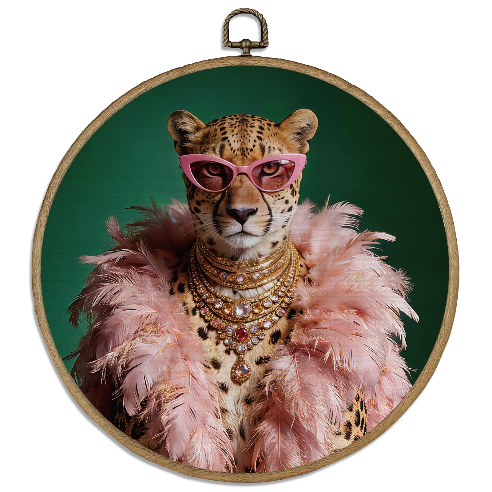 DELORIGIN Anthropomorphic Leopard Dressed in Pink Framed Wall Art Decor 10" Round Canvas Wall Art with Vintage Hooks Hanging Artwork Prints for Living Room Bathroom Hallway Stairs Porch Decoration