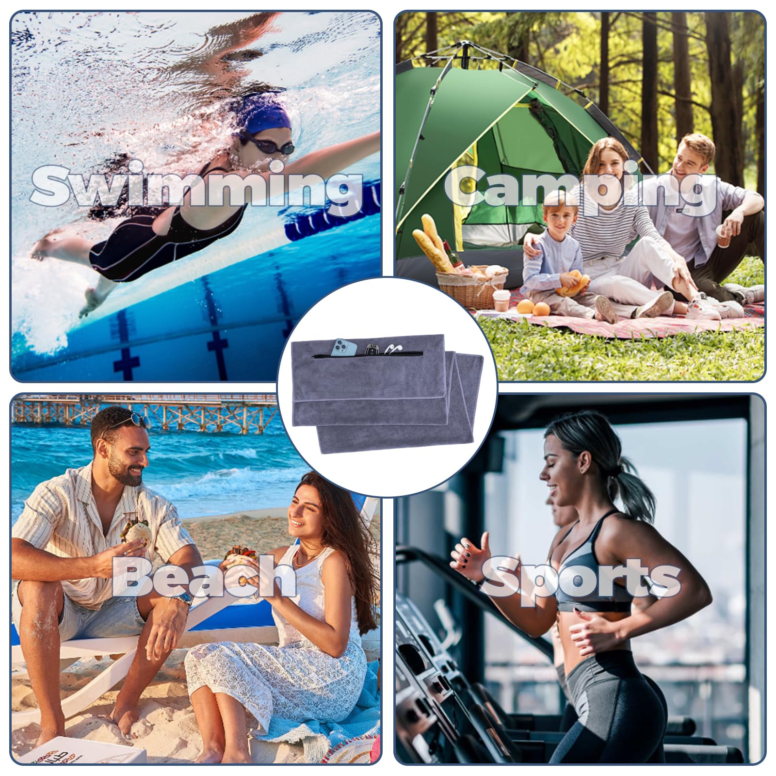 YIIFELL 120 x 50 cm ręcznik fitness, sportowy mikrofibra, z kieszenią, na siłownię, jogę, aktywność, szary