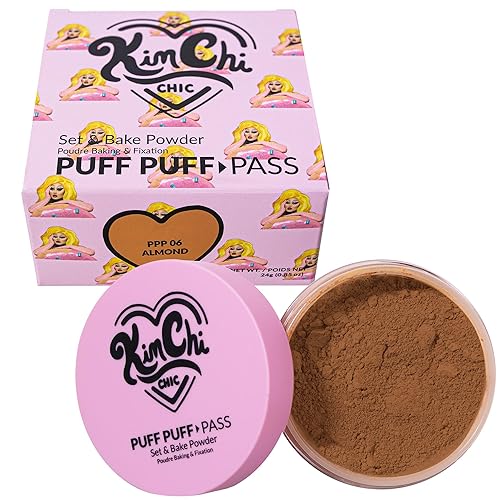 KimChi Chic Beauty Puff Pass - Polvo fijador y sellador con la técnica baking, polvo suelto con borla extraesponjosa, maquillaje facial marrón suave