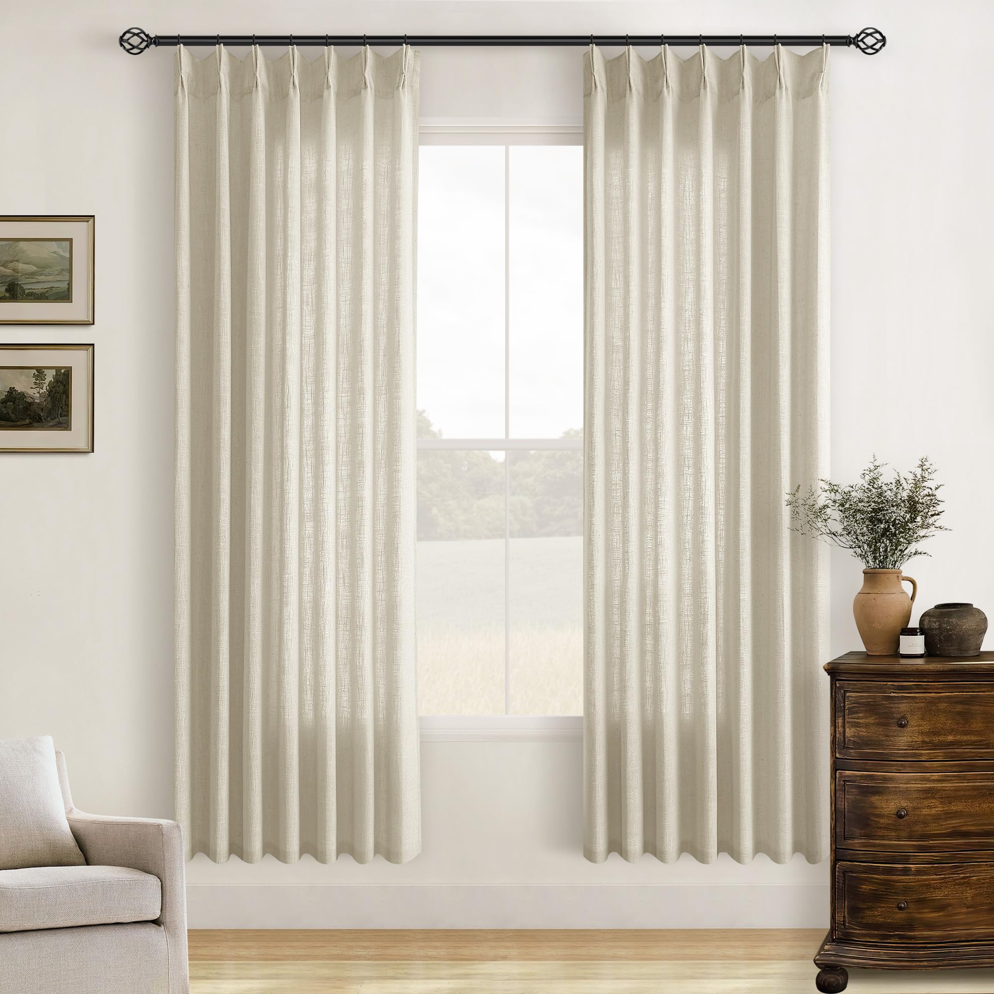 Linen Beige 72 Inch Pinch Pleated Semi Sheer Curtains 2 Panels Set W40xL72