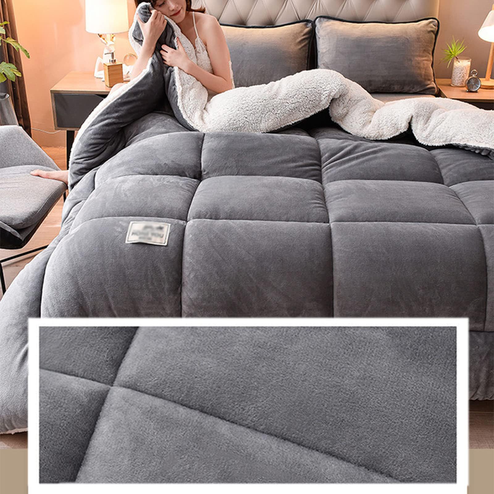ZMIN Trapunta Matrimoniale in Lana di Agnello Super Calda, Coperta Invernale, Trapunta in Velluto A Doppia Faccia, Addensato, Caldo Autunno-Primavera in Peluche,D,220x240cm(5kg)