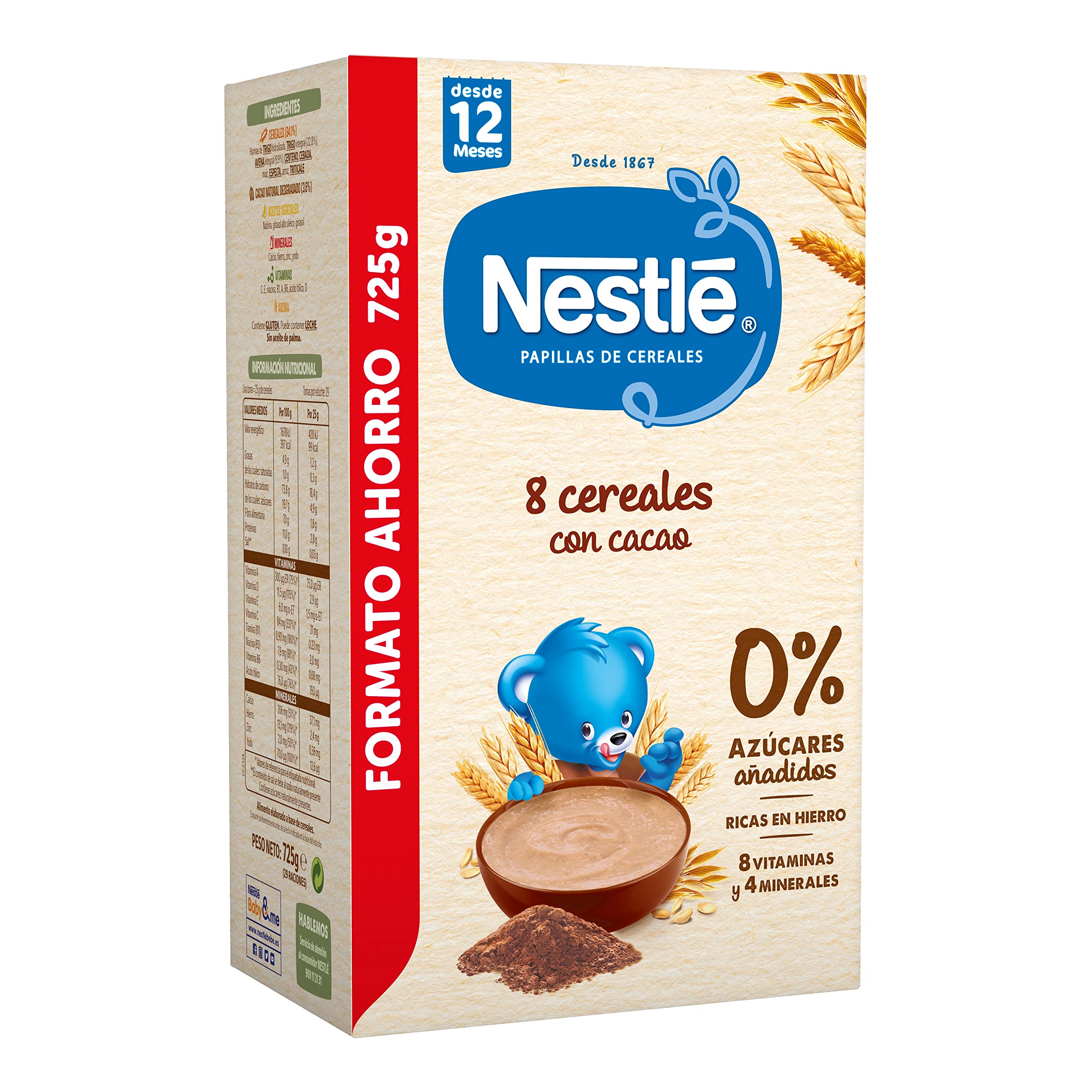 Nestlé Papilla 8 Cereales con Cacao sin Azúcares Añadidos 12 Meses 8x725g