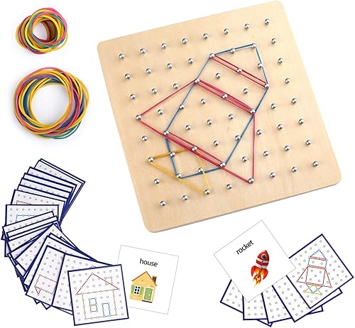 Thoth Montessori - Geoboard de madera matemático de material manipulador de matriz con 36 tarjetas de patrón y bandas de goma matriz de 8 x 8 para