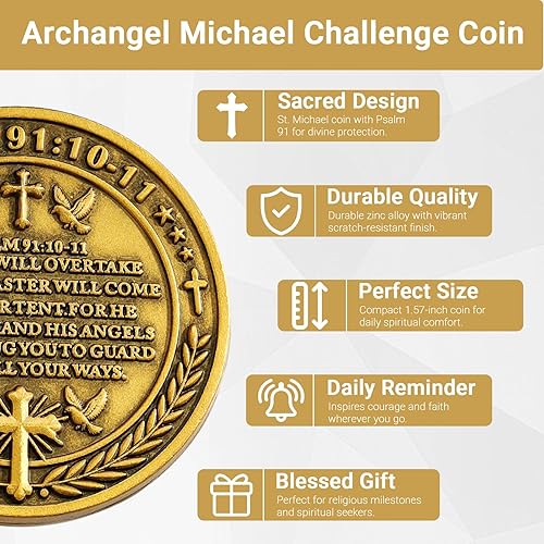 Miniatura 5 de Regalos inspiradores cristianos The Arcángel Michael Watches Over Us Challenge Coin con versículo bíblico del Salmo 9110-11, regalos religiosos para
