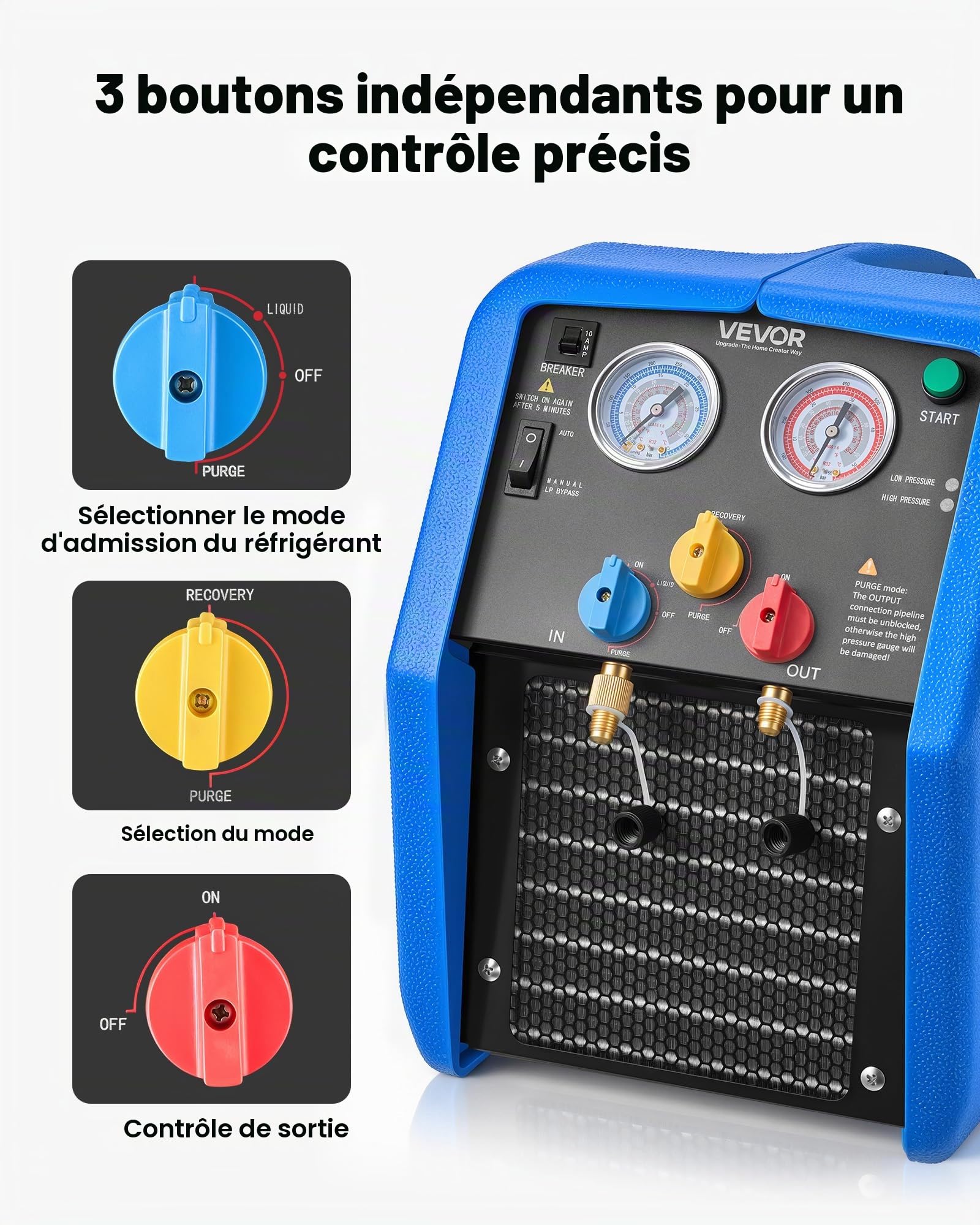 VEVOR Station de Récupération Fluides Frigorigènes Portable 3/4 HP, Récupérateur de Réfrigérant Monocylindre, pour CVC Résidentiel Climatisation Auto, Unité de Récupération pour Frigoriste 1450 tr/min