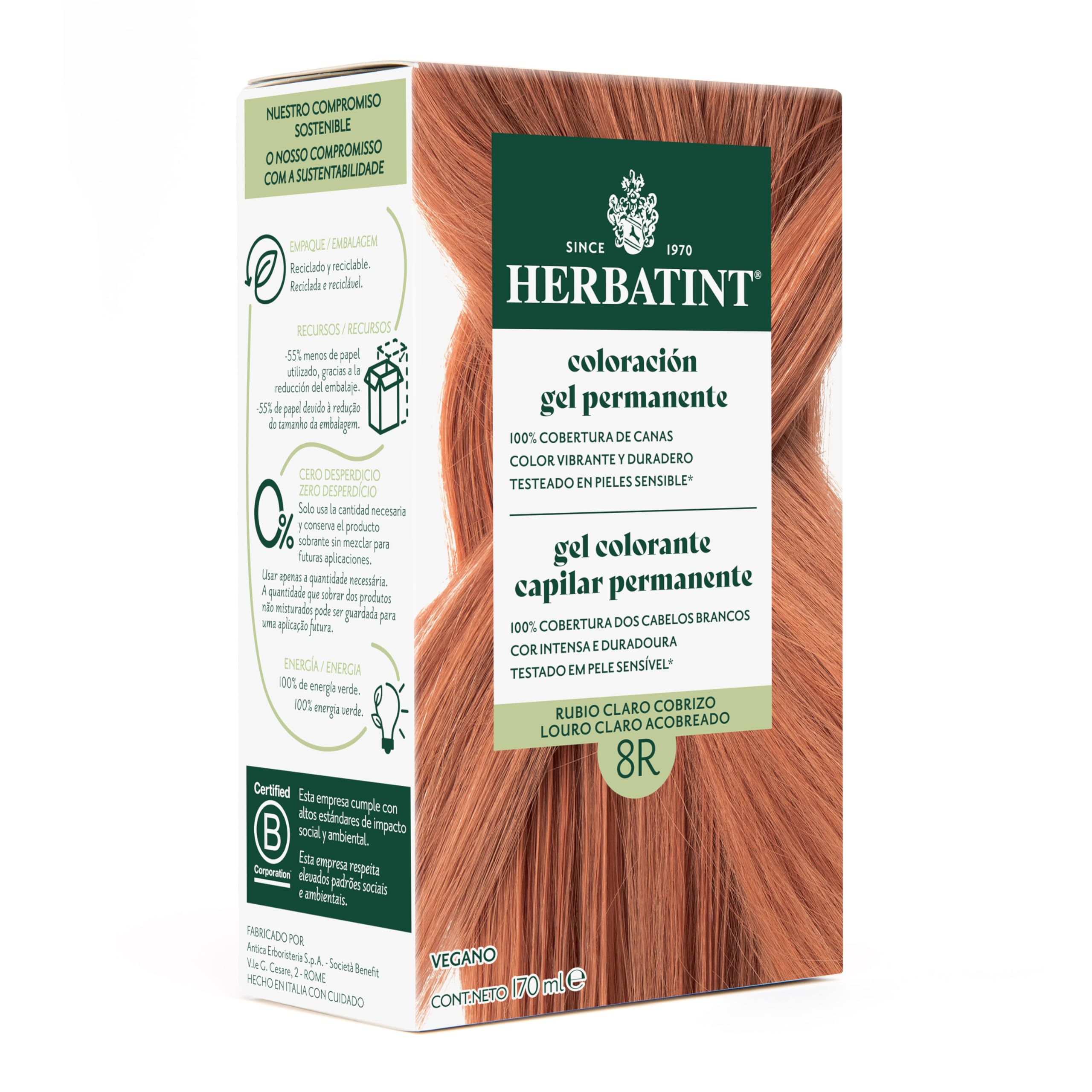 Herbatint Coloración para Cabello en Gel 8R Rubio Claro Cobrizo - 170 ml | Sin Amoníaco, Cobertura Óptima de Canas | con 8 Extractos Orgánicos, Ideal para Pieles Sensibles