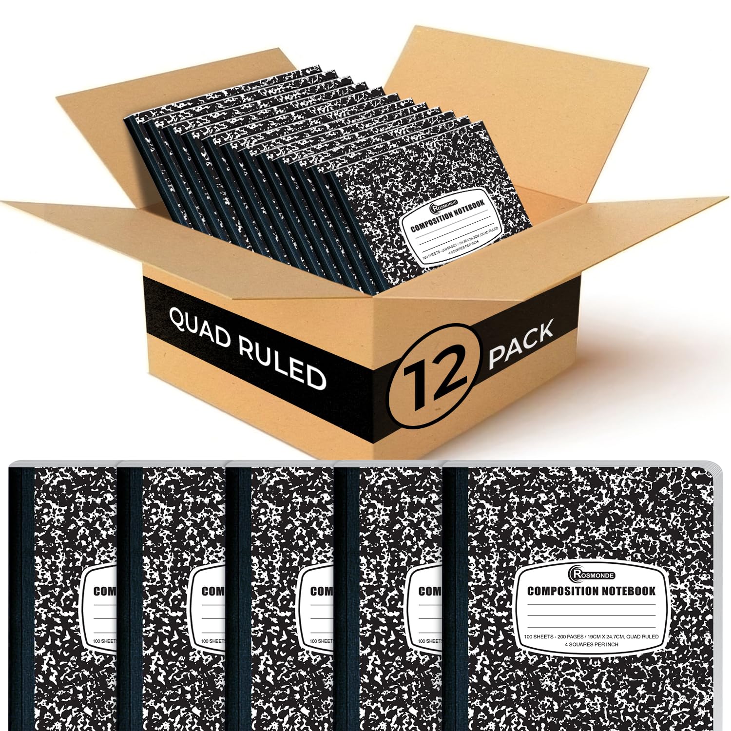 Rosmonde 12 Pack Graph Paper Composition Notebook, 200 Pages (100 Sheets), 4x4 Grid, Graph Composition Notebook, Black Marble Hard Cover Quad Ruled