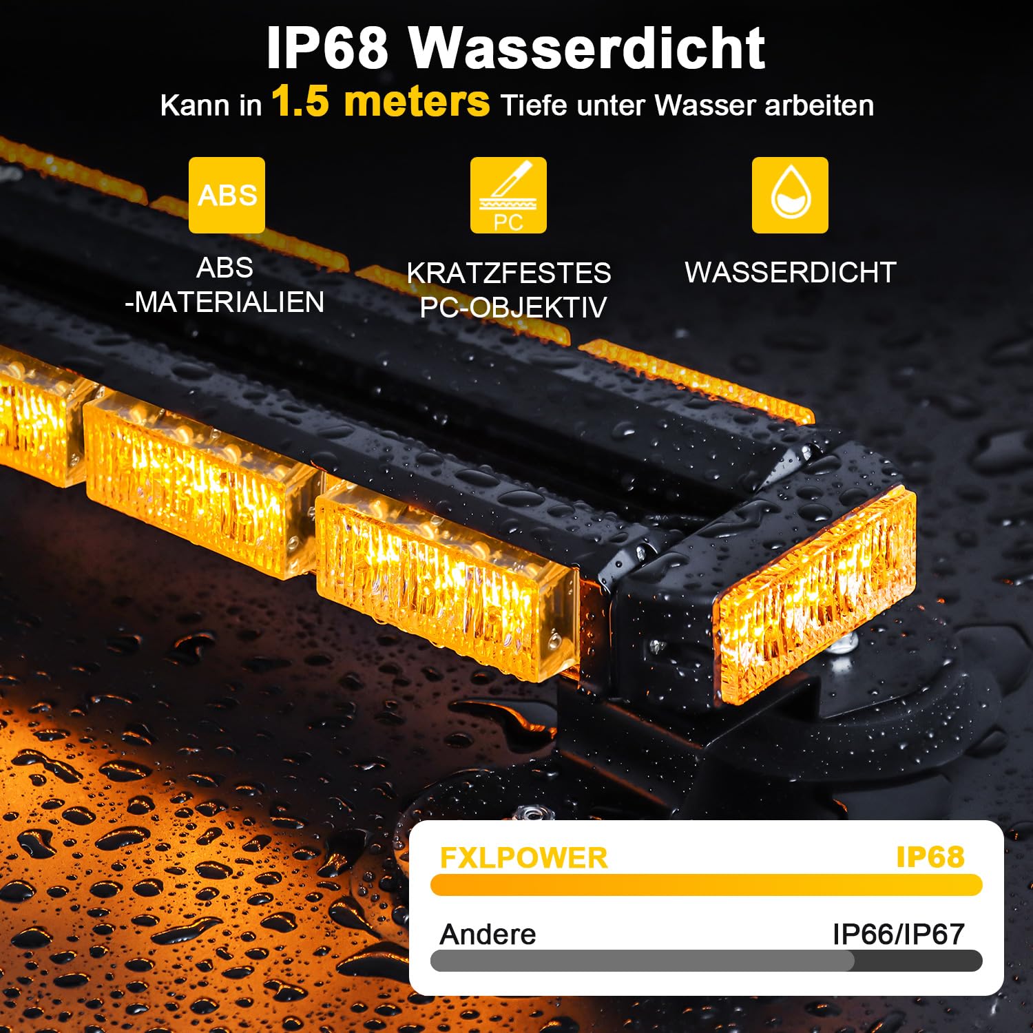 LED Warnbalken Rundumleuchte 12V 24V Magnet Gelb 71 cm | 4,8 m Kabel, 26 Modus-Speicher, Gummisaugfüße bis 120 km/h, für Traktor und Baufahrzeuge