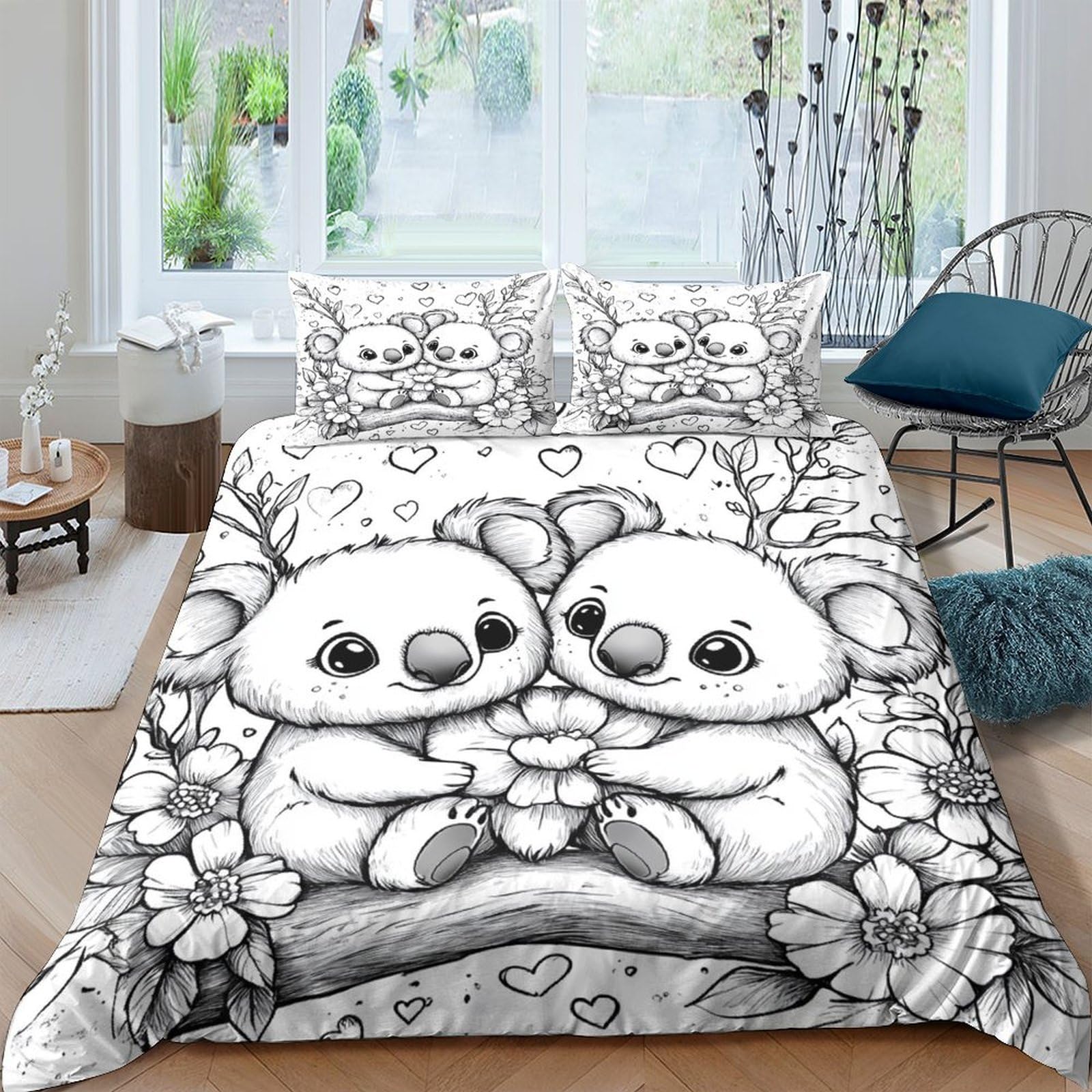 Süßes Koala-Pärchen 3D-Bedruckt 3er-Set Steppbezug Cartoon-Tierillustration Bettbezug Mikrofaser Hypoallergen Atmungsaktiv für Kinder Jugendliche Erwachsene Super King（260x220cm）