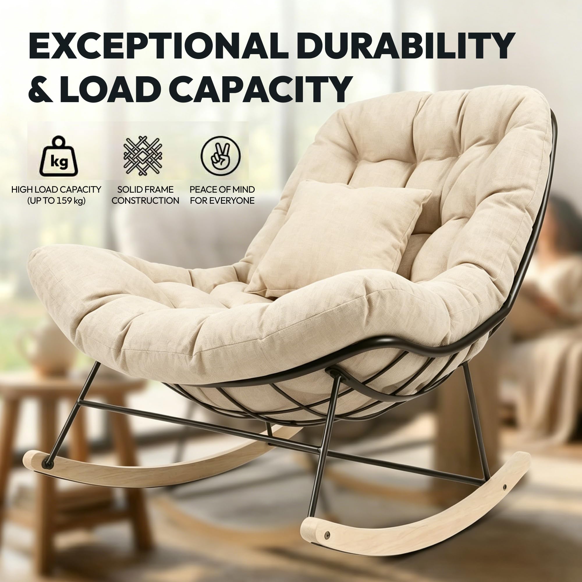SANODESK Schaukelstuhl für draußen, gemütlicher Loungesessel & Relaxstuhl für Lange Stunden im Freien, mit Kissen, ideal für Balkon, Garten & Terrasse, belastbar bis 159 kg, Beige