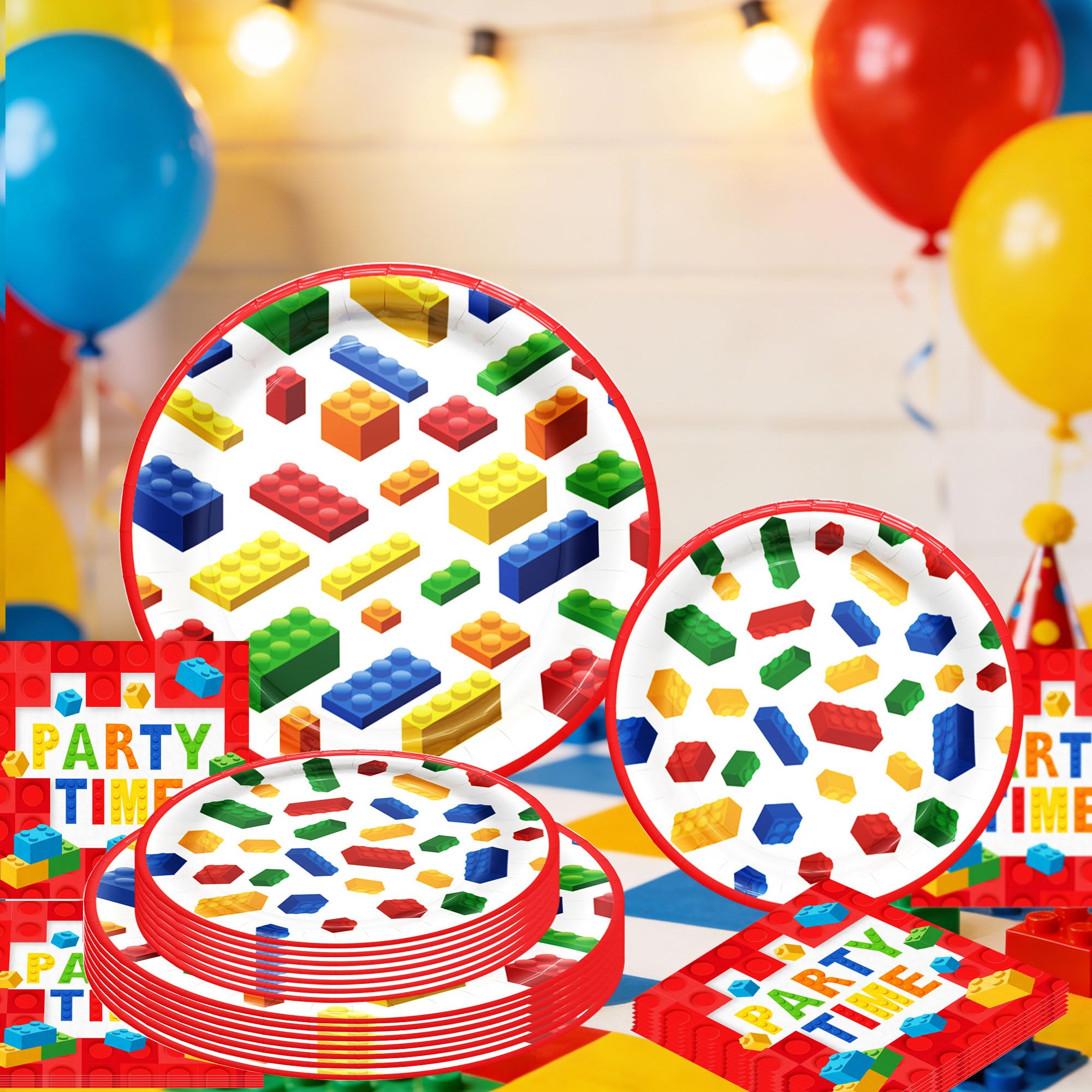 Building Blocks Party Tableware Paper Party Dinnerware Birthday Plates Napkins Blocks Birthday Banner Garland for Party Supplies for 16 Guests