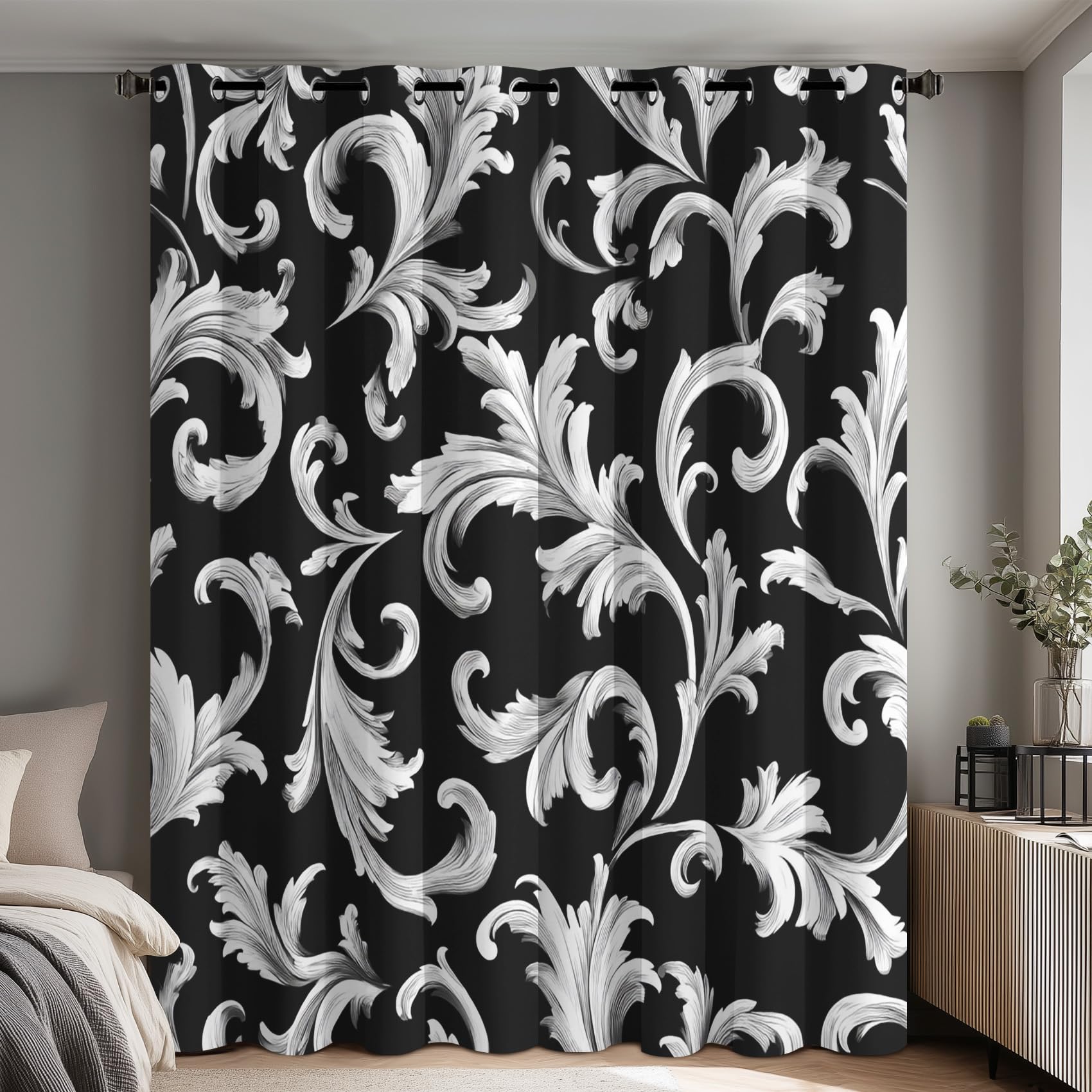 Generisch Damast Vorhänge Wohnzimmer, Verdunklungsvorhänge Schwarz Weiß Barock mit Ösen, Vorhang Blickdicht mit Muster, Gardinen für Wohnzimmer Deko 2er Set, H 166 X B 75 cm B-D154