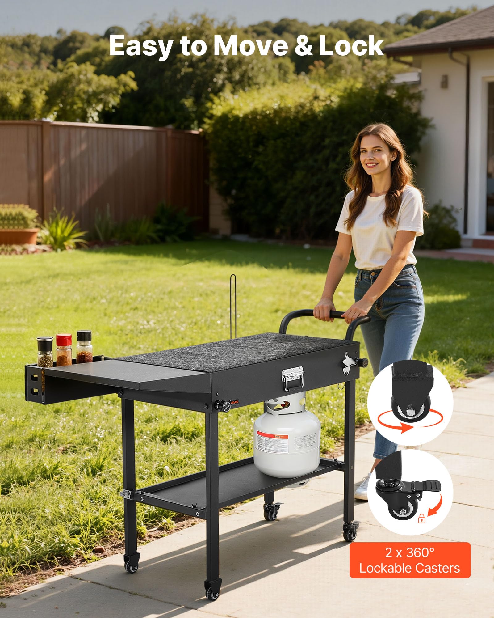 VEVOR Desserte de Jardin pour Plancha Pliable, Chariot de Barbecue Plan de Travail 78,7x43,2 cm, pour Préparation de Cuisine BBQ Extérieur, avec Porte-essuie-Tout, Crochets et Tablette Latérale
