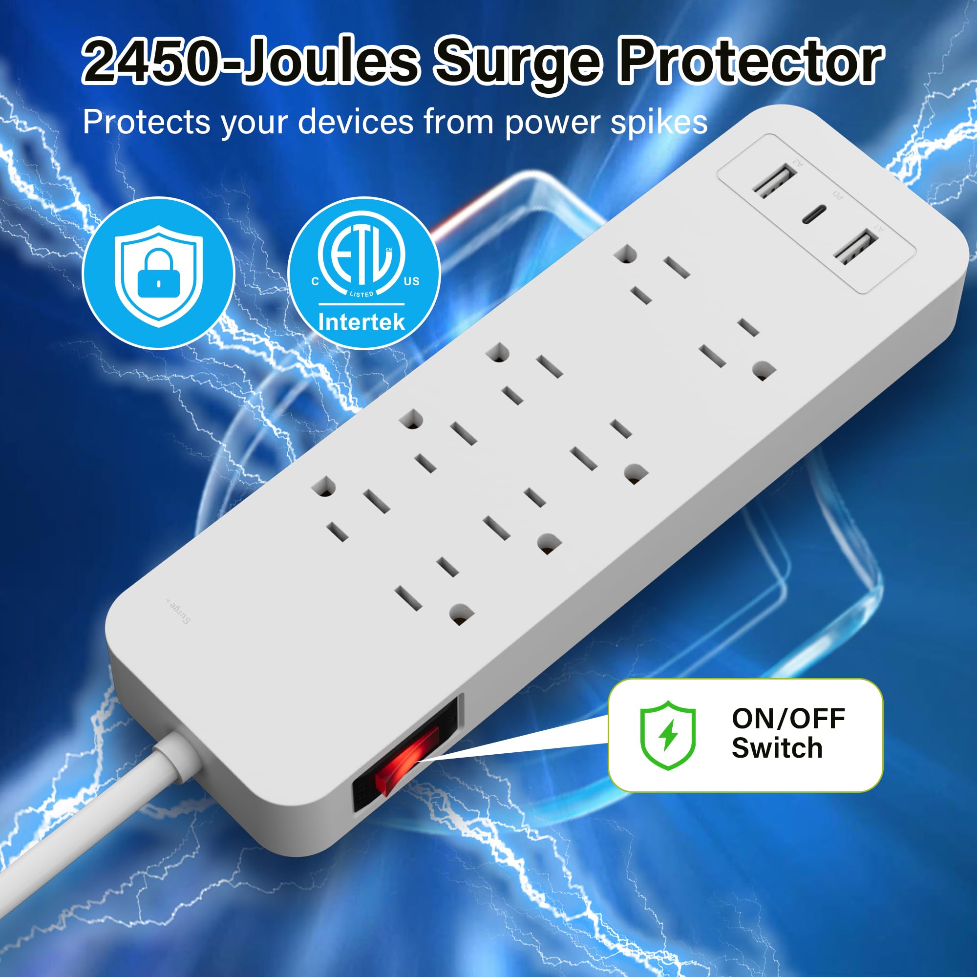 Elecan - Tira de alimentación con protector de sobretensiones de 4 pies, 8 salidas ampliamente espaciadas con 2 puertos USB-A y 1 USB-C PD de 20 W, enchufe plano para montaje en pared, extensor de