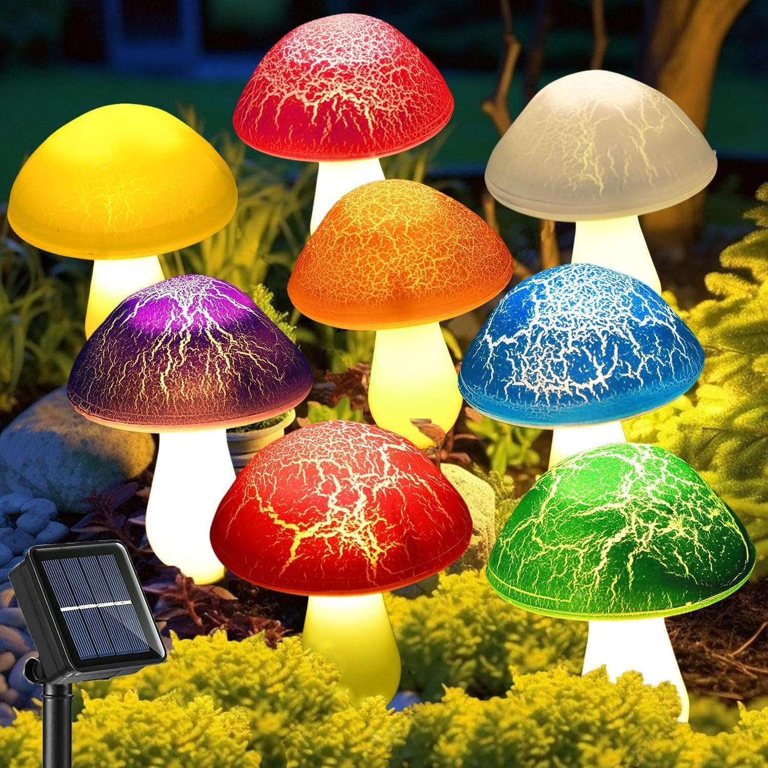 QINGYA Solar Garden Decor Lights 8 Crack Mushrooms Outdoor Decor Stake Lights, Waterproof with 8 Lights and 8 Modes for Outside Back Yard Lawn Flowerbed Gnome Decorations
